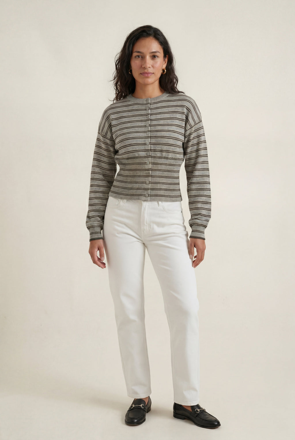 Striped Button-front Cropped Cardigan with Cinched Hem | Senna