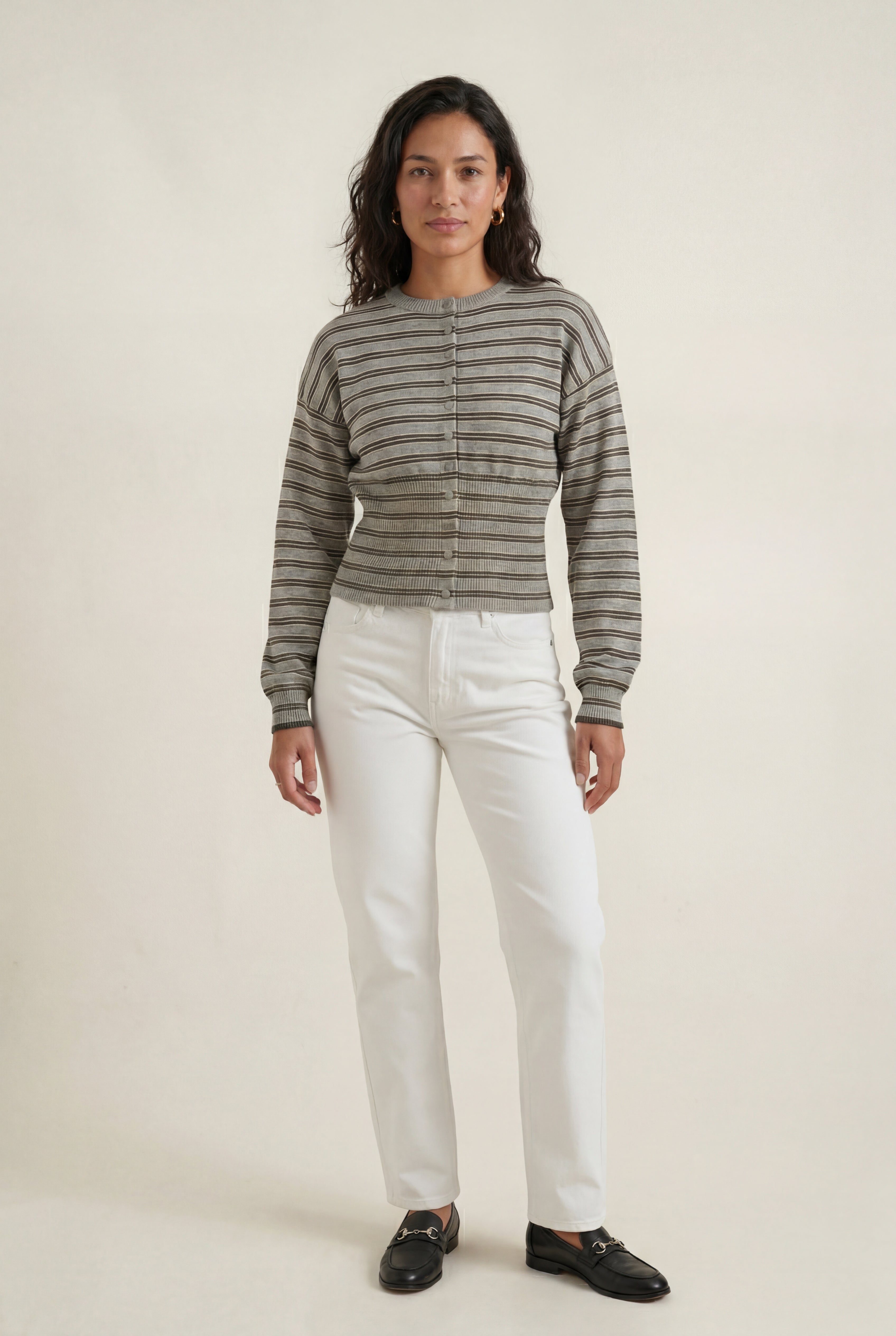 Striped Button-front Cropped Cardigan with Cinched Hem | Senna
