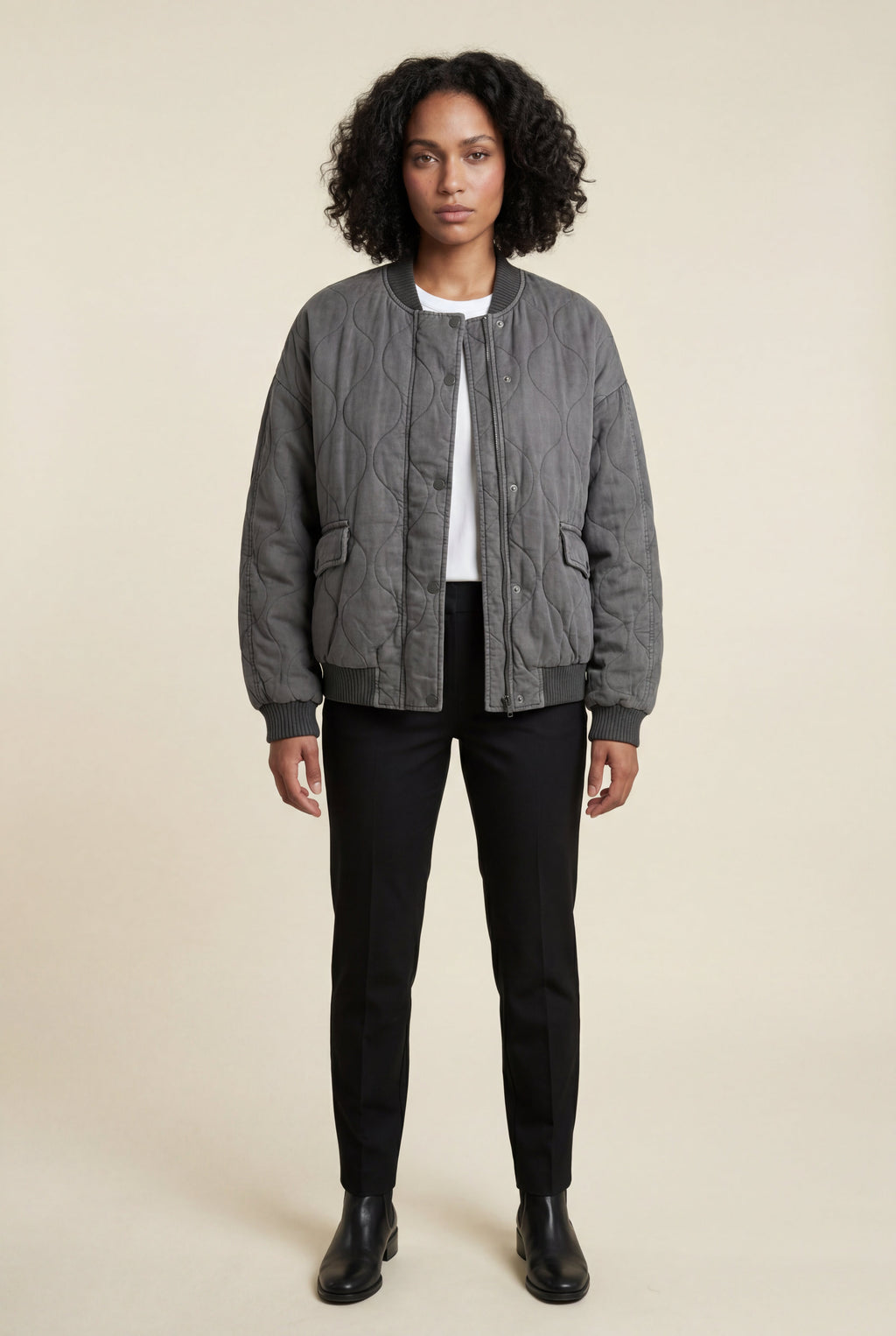 Washed Charcoal Quilted Bomber Jacket with Ribbed Trim | Senna
