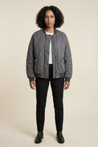 Washed Charcoal Quilted Bomber Jacket with Ribbed Trim | Senna