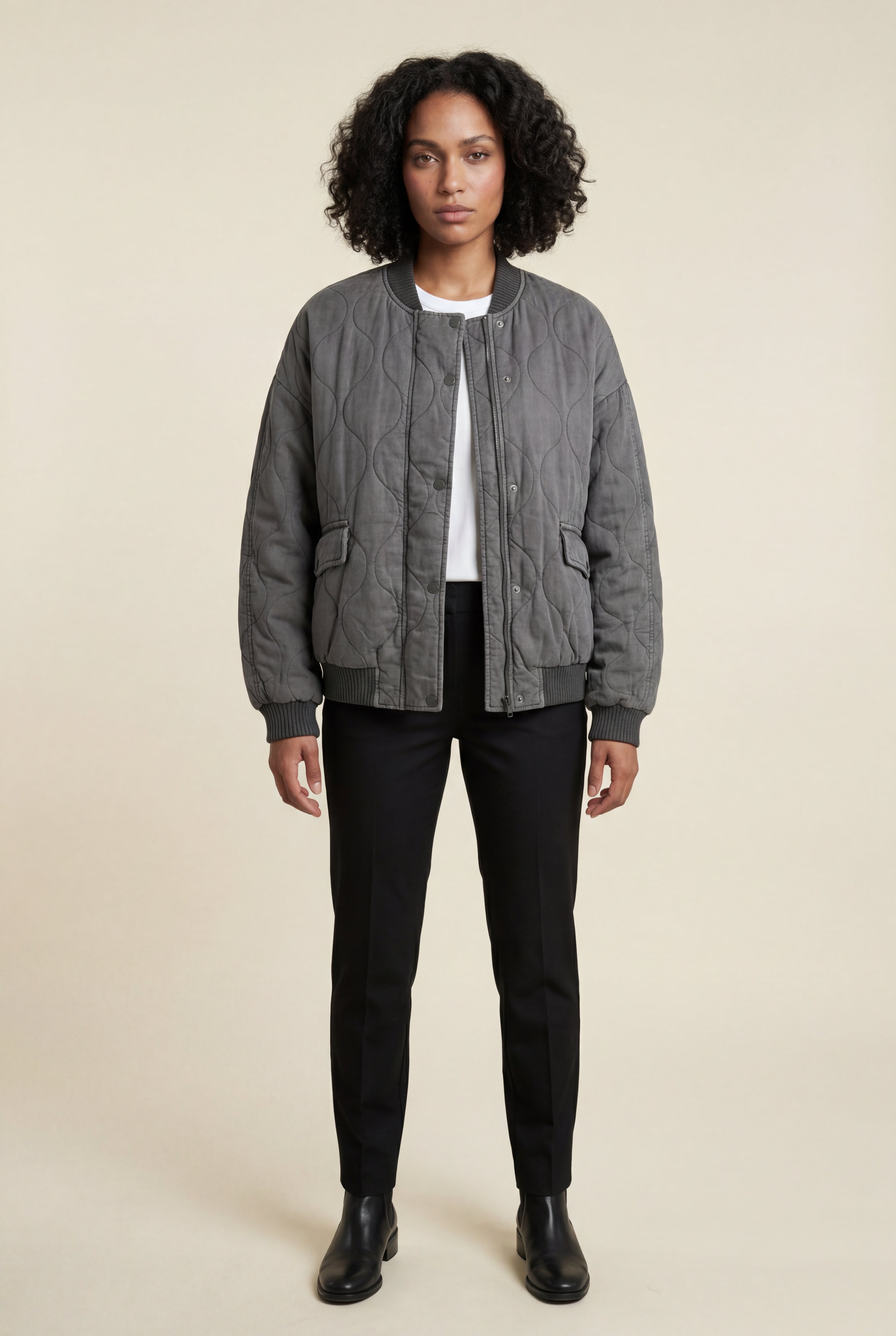 Washed Charcoal Quilted Bomber Jacket with Ribbed Trim | Senna