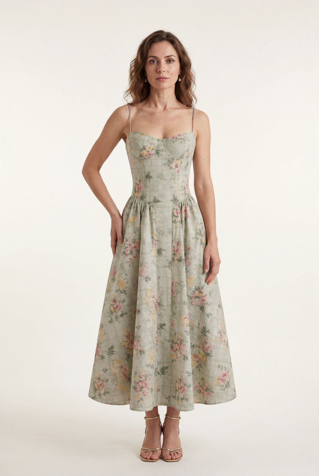 Elcevi | Floral Corset Bodice Midi Dress with Spaghetti Straps For Women