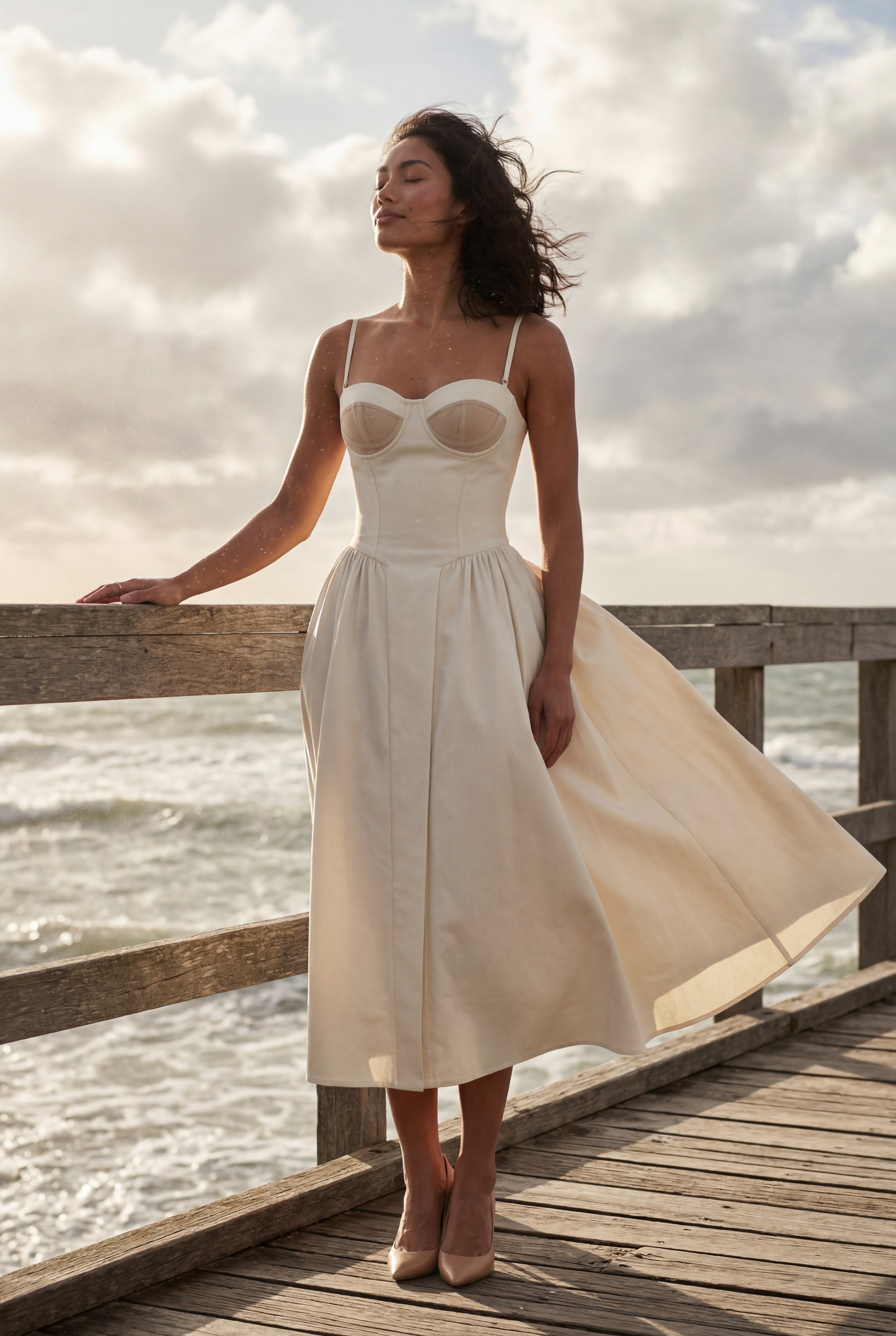 Elcevi | Floral Corset Bodice Midi Dress with Spaghetti Straps For Women