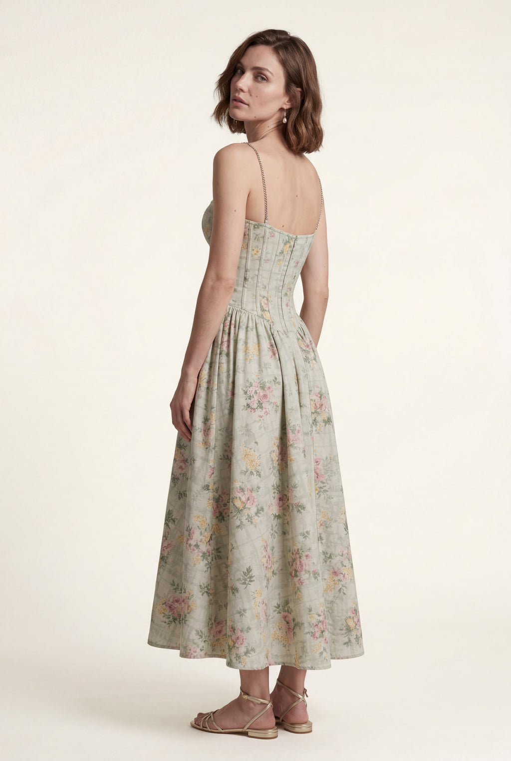 Elcevi | Floral Corset Bodice Midi Dress with Spaghetti Straps For Women