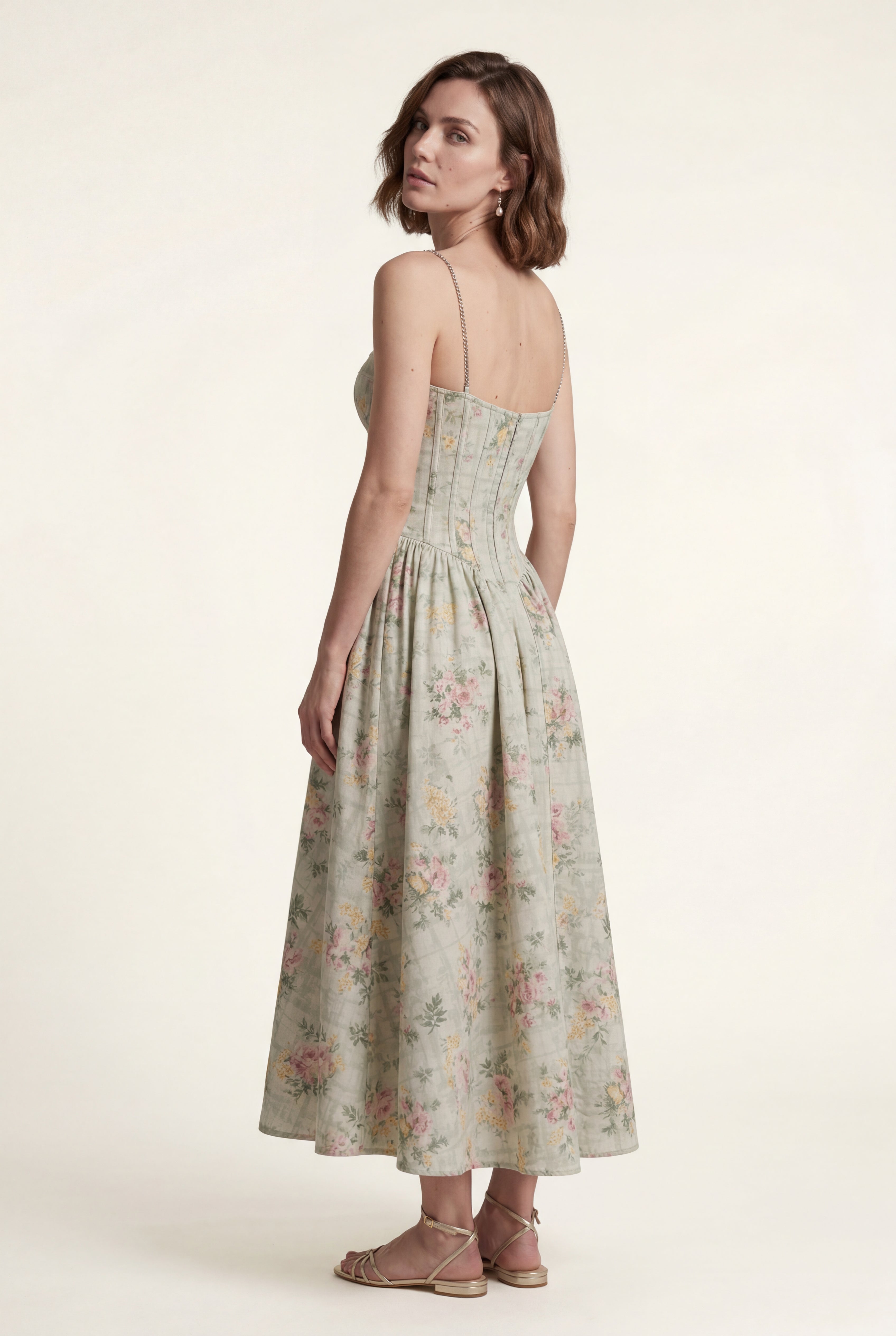 Elcevi | Floral Corset Bodice Midi Dress with Spaghetti Straps For Women