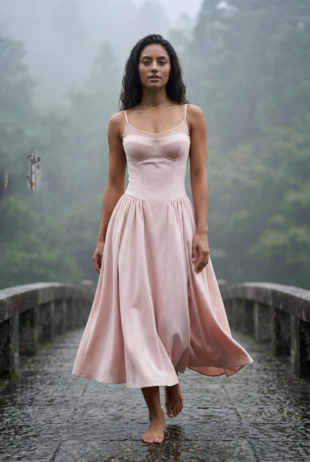 Elcevi | Floral Corset Bodice Midi Dress with Spaghetti Straps For Women