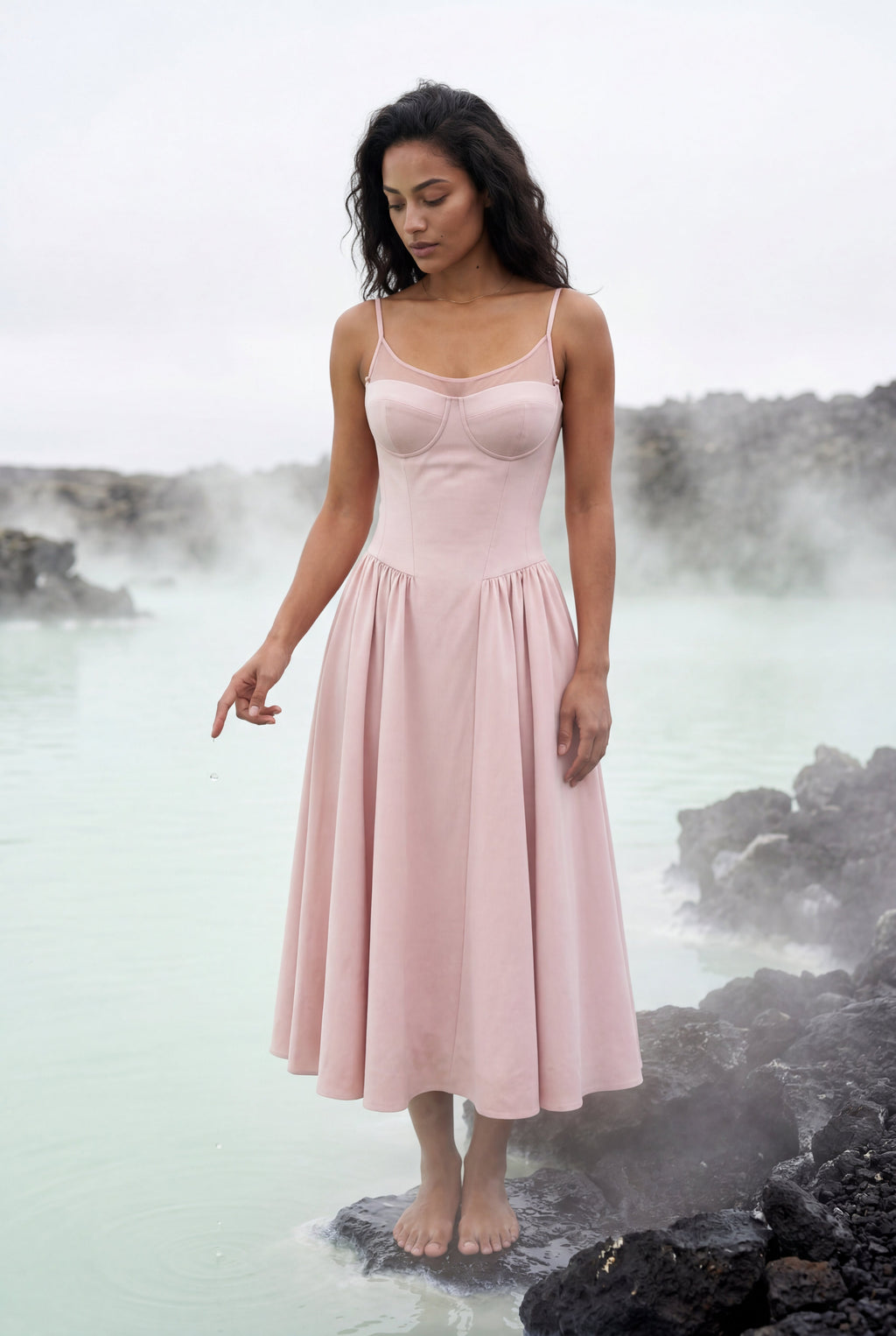 Elcevi | Floral Corset Bodice Midi Dress with Spaghetti Straps For Women