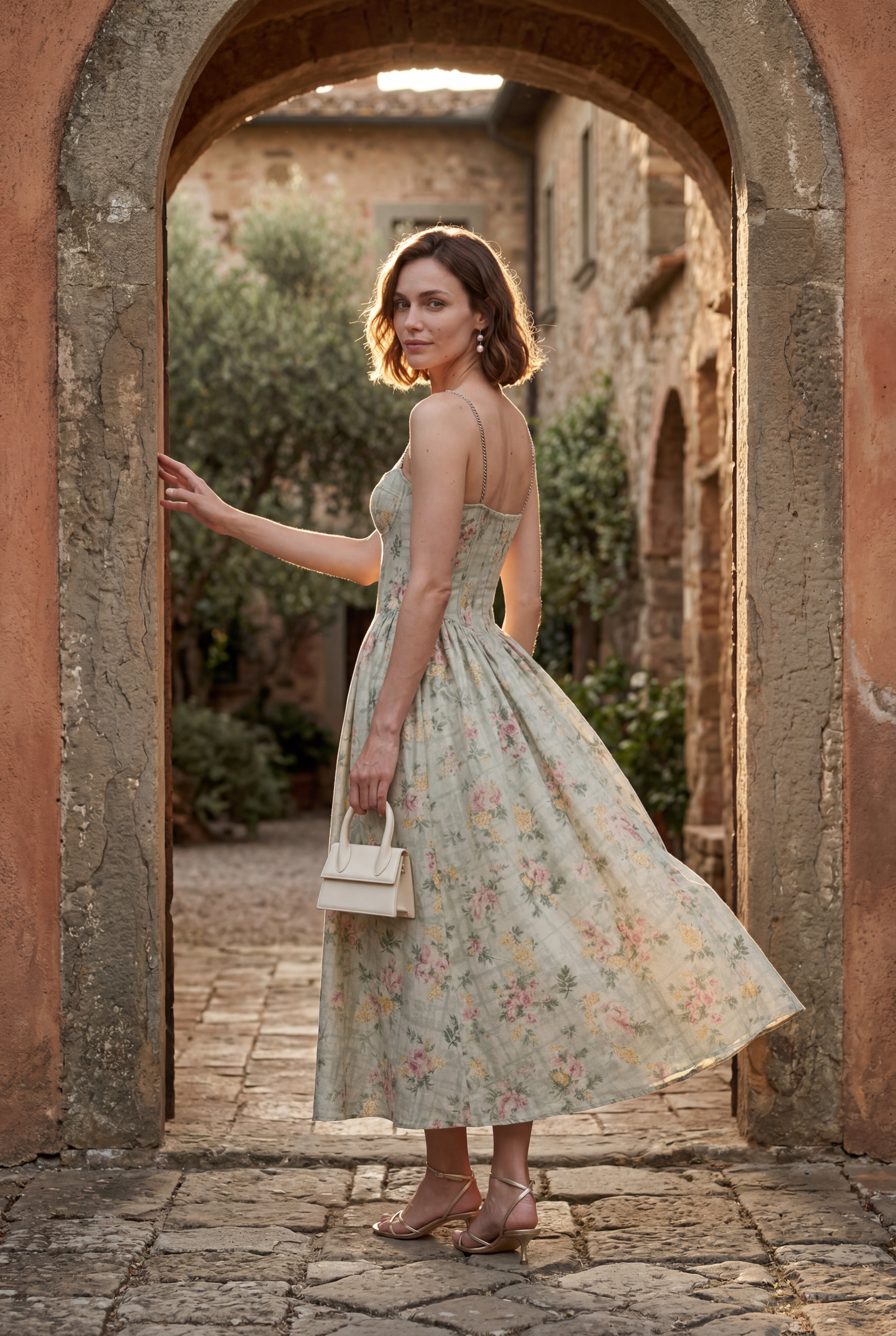 Elcevi | Floral Corset Bodice Midi Dress with Spaghetti Straps For Women