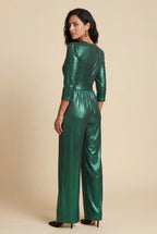 Lia | Metallic Wide Leg Wrap Jumpsuit with Three-quarter Sleeves
