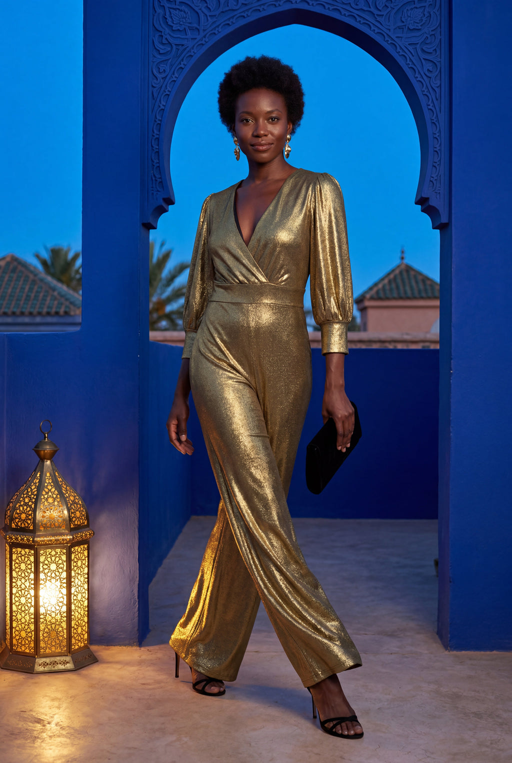 Lia | Metallic Wide Leg Wrap Jumpsuit with Three-quarter Sleeves