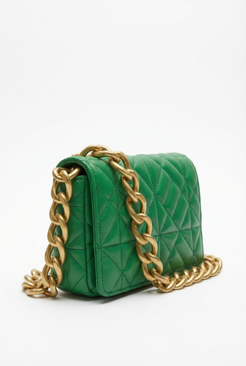Lieke | Women's Green Quilted Mini Shoulder Bag with Gold Chain