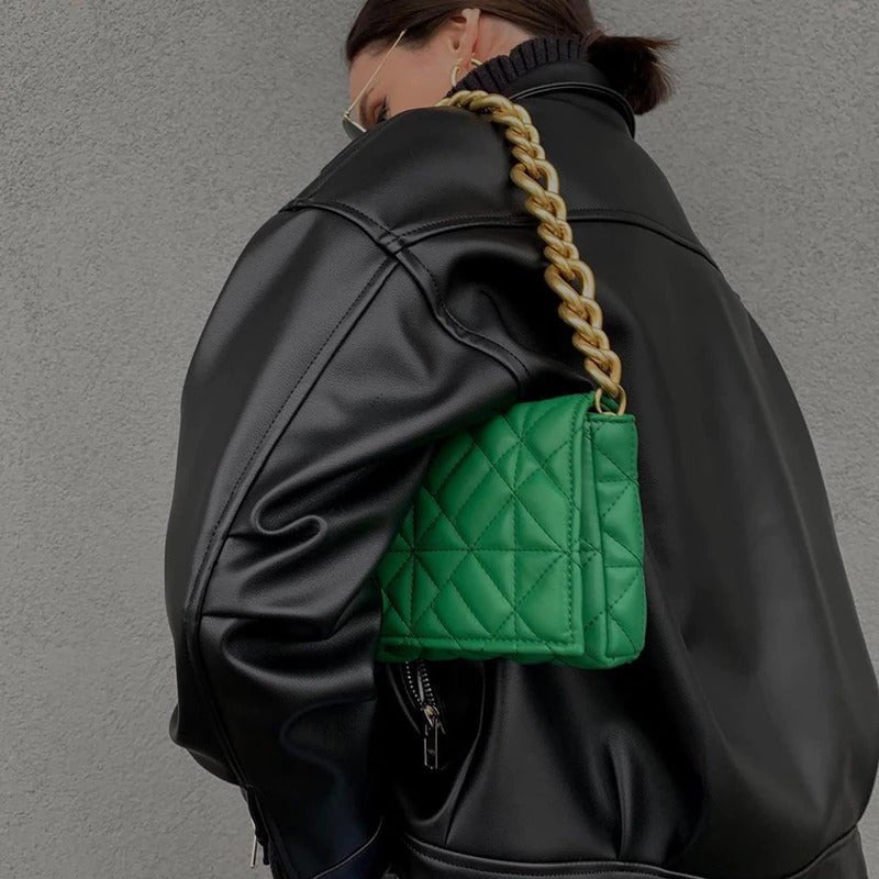 Lieke | Women's Green Quilted Mini Shoulder Bag with Gold Chain