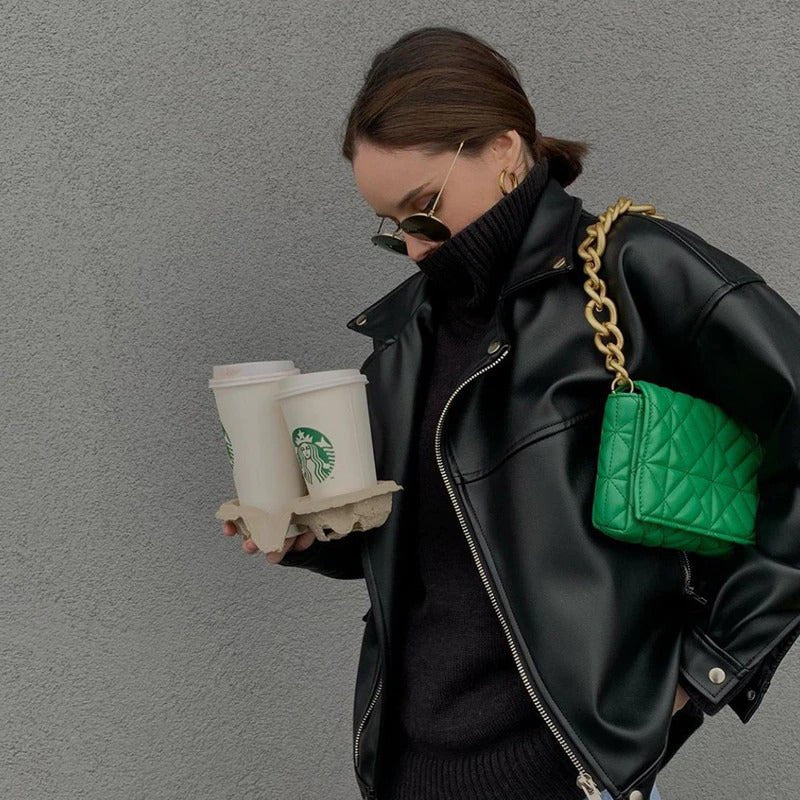 Lieke | Women's Green Quilted Mini Shoulder Bag with Gold Chain