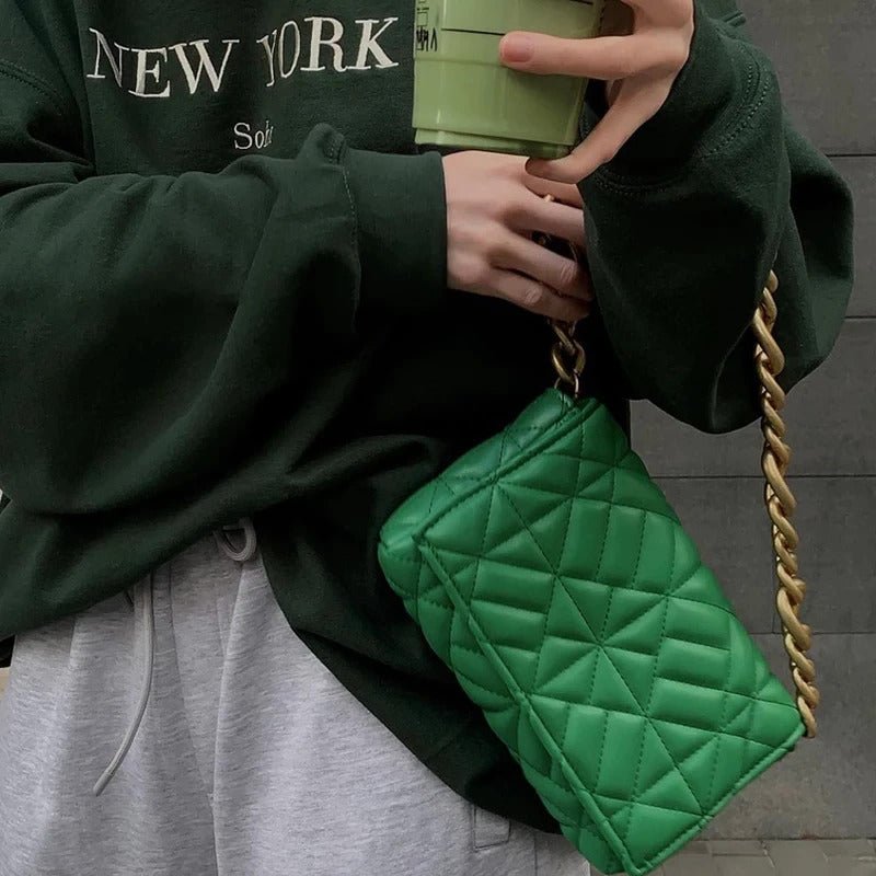 Lieke | Women's Green Quilted Mini Shoulder Bag with Gold Chain