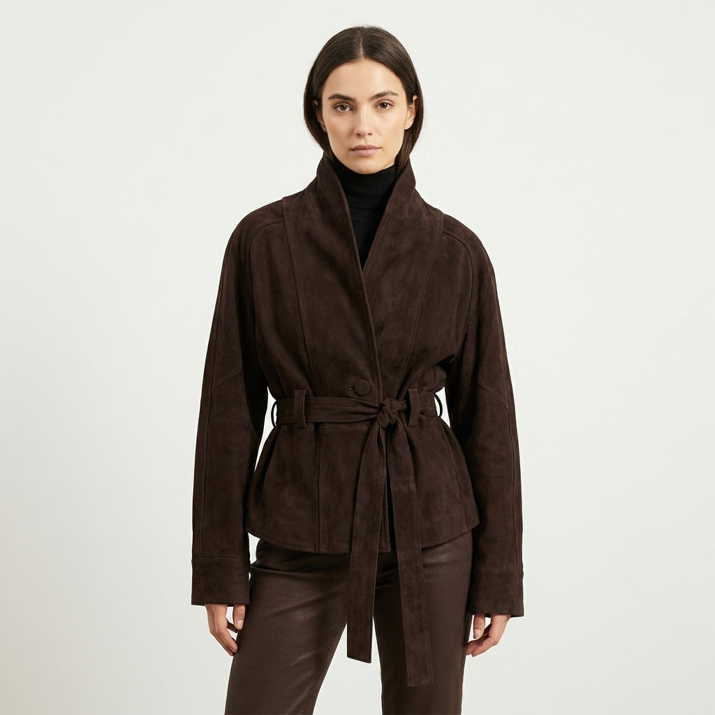 Lia | Belted Chocolate Suede Wrap Jacket
