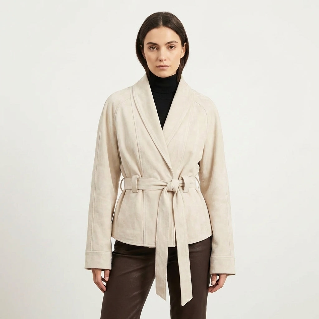 Lia | Belted Chocolate Suede Wrap Jacket