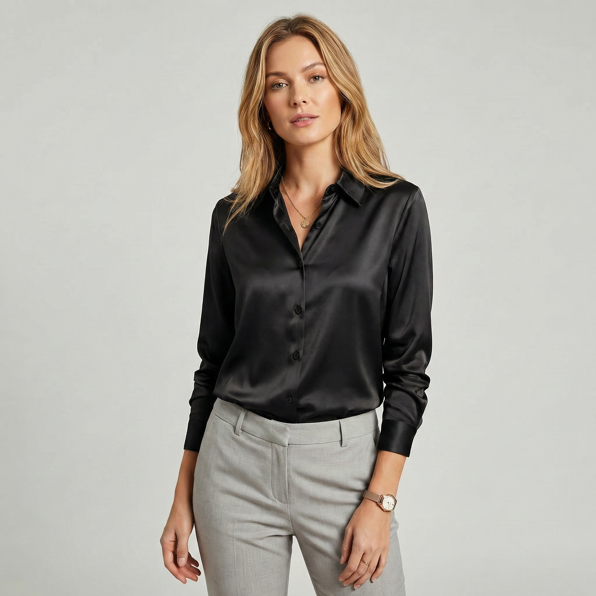 Lia | Women's Satin Silky Long Sleeve Button Up Blouse