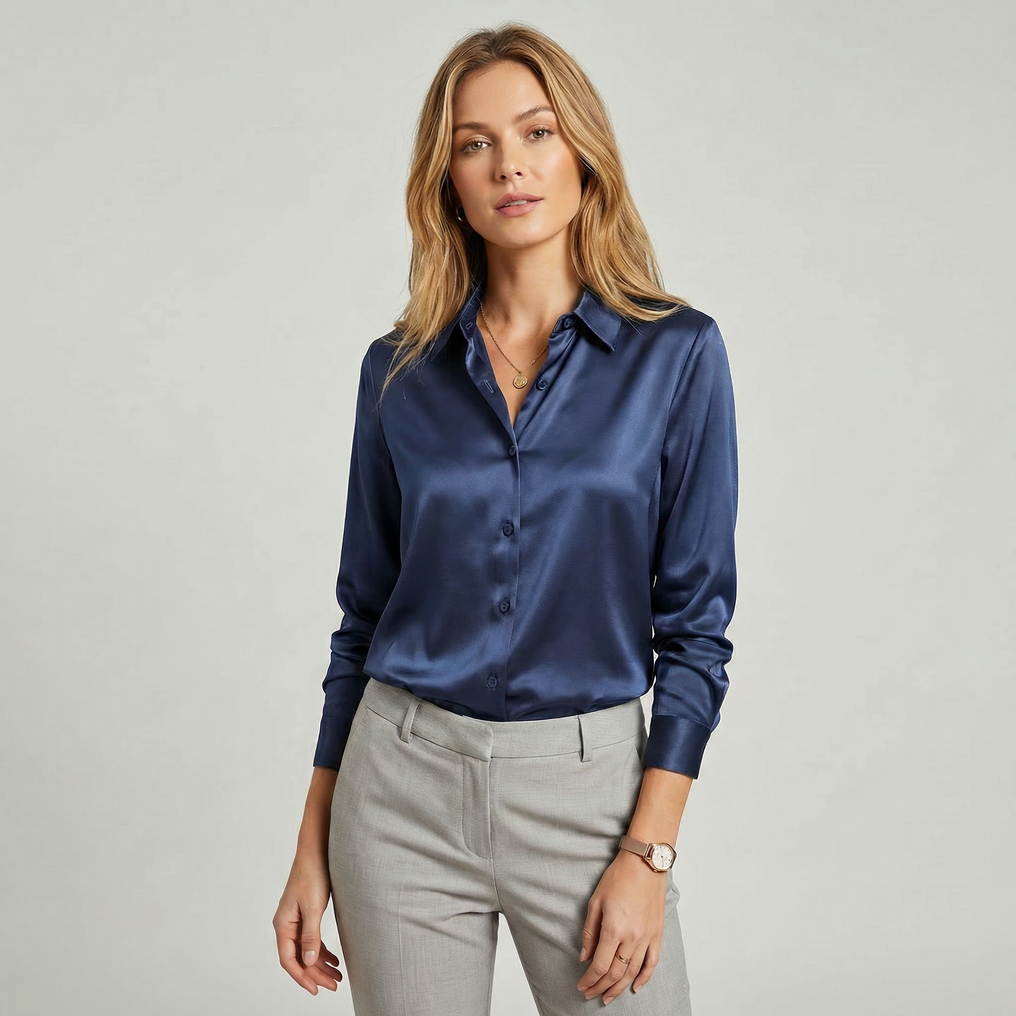 Lia | Women's Satin Silky Long Sleeve Button Up Blouse