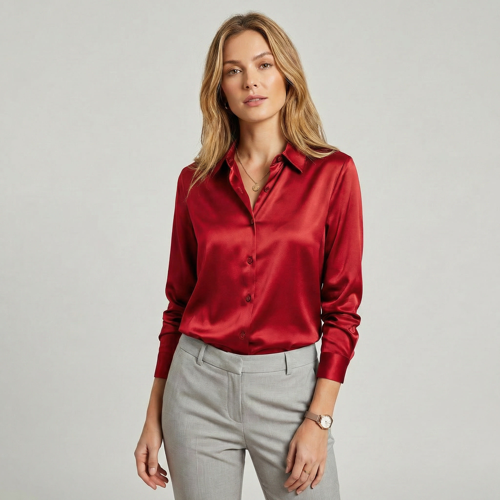 Lia | Women's Satin Silky Long Sleeve Button Up Blouse