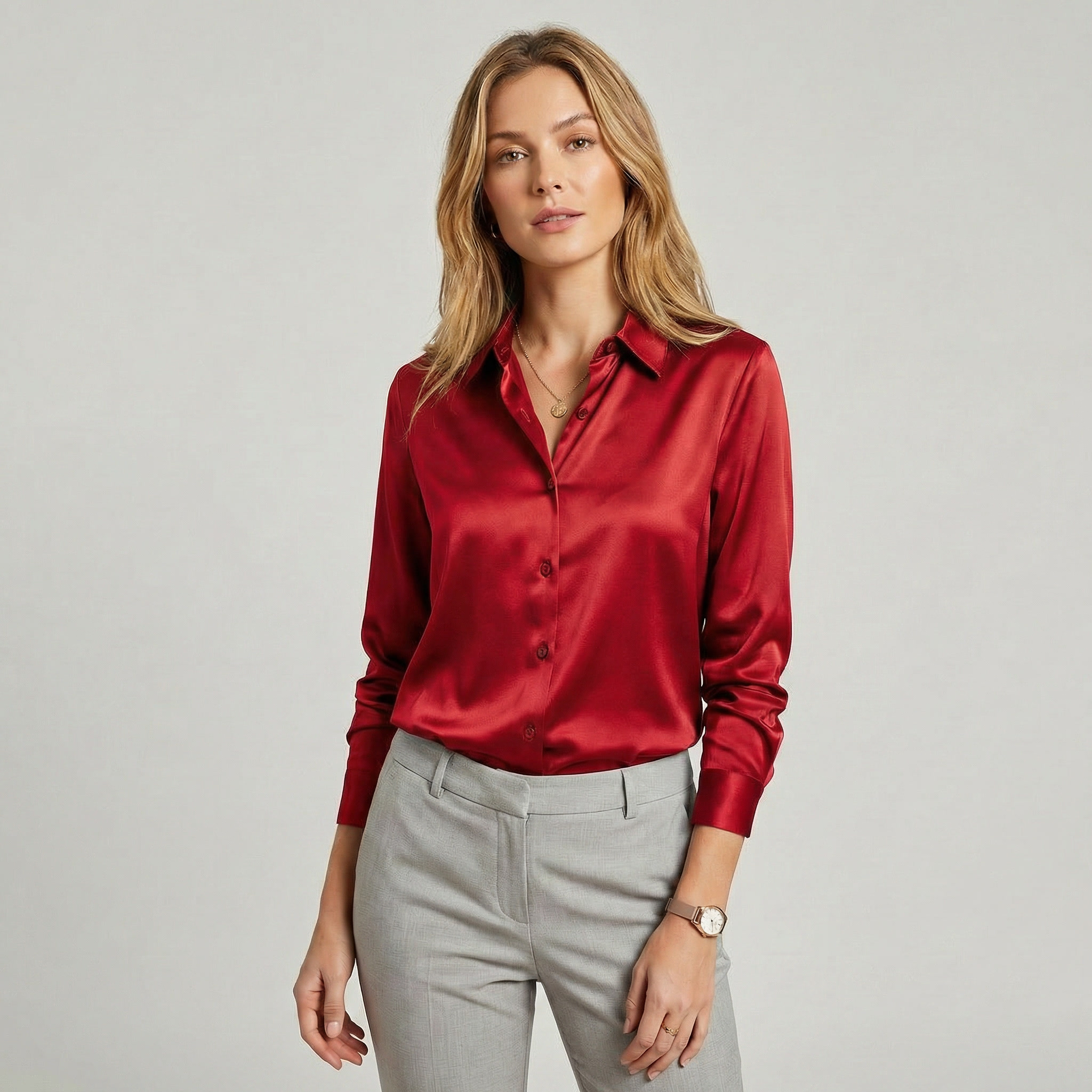 Lia | Women's Satin Silky Long Sleeve Button Up Blouse