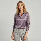 Lia | Women's Satin Silky Long Sleeve Button Up Blouse