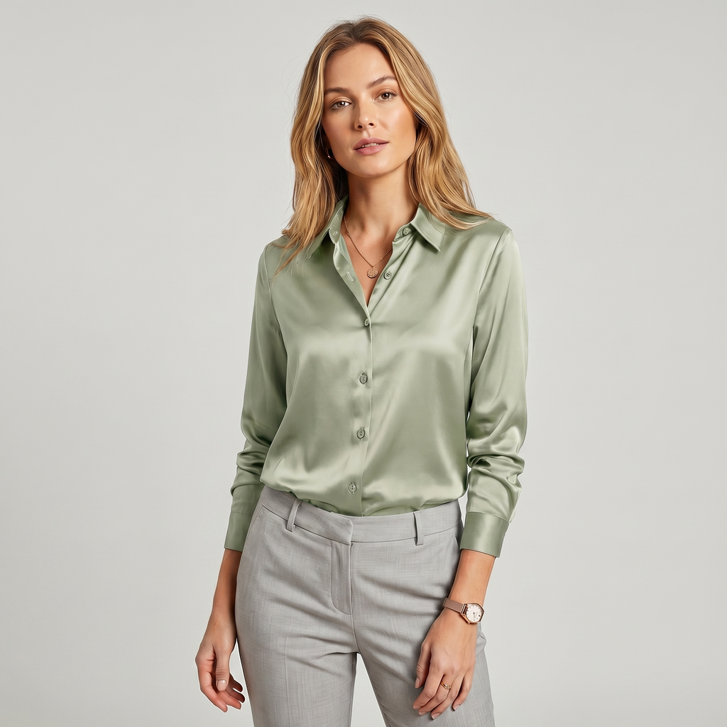 Lia | Women's Satin Silky Long Sleeve Button Up Blouse