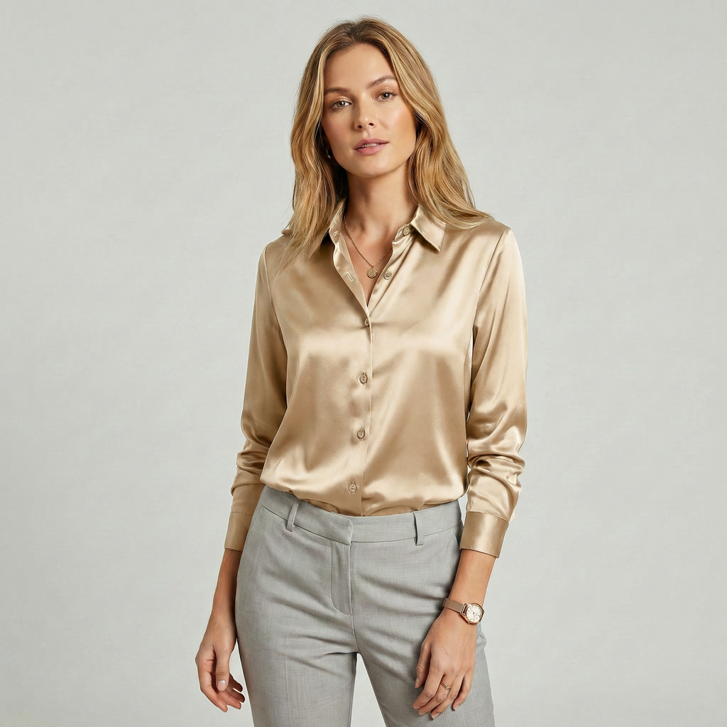 Lia | Women's Satin Silky Long Sleeve Button Up Blouse