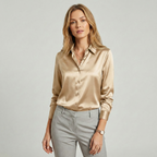 Lia | Women's Satin Silky Long Sleeve Button Up Blouse