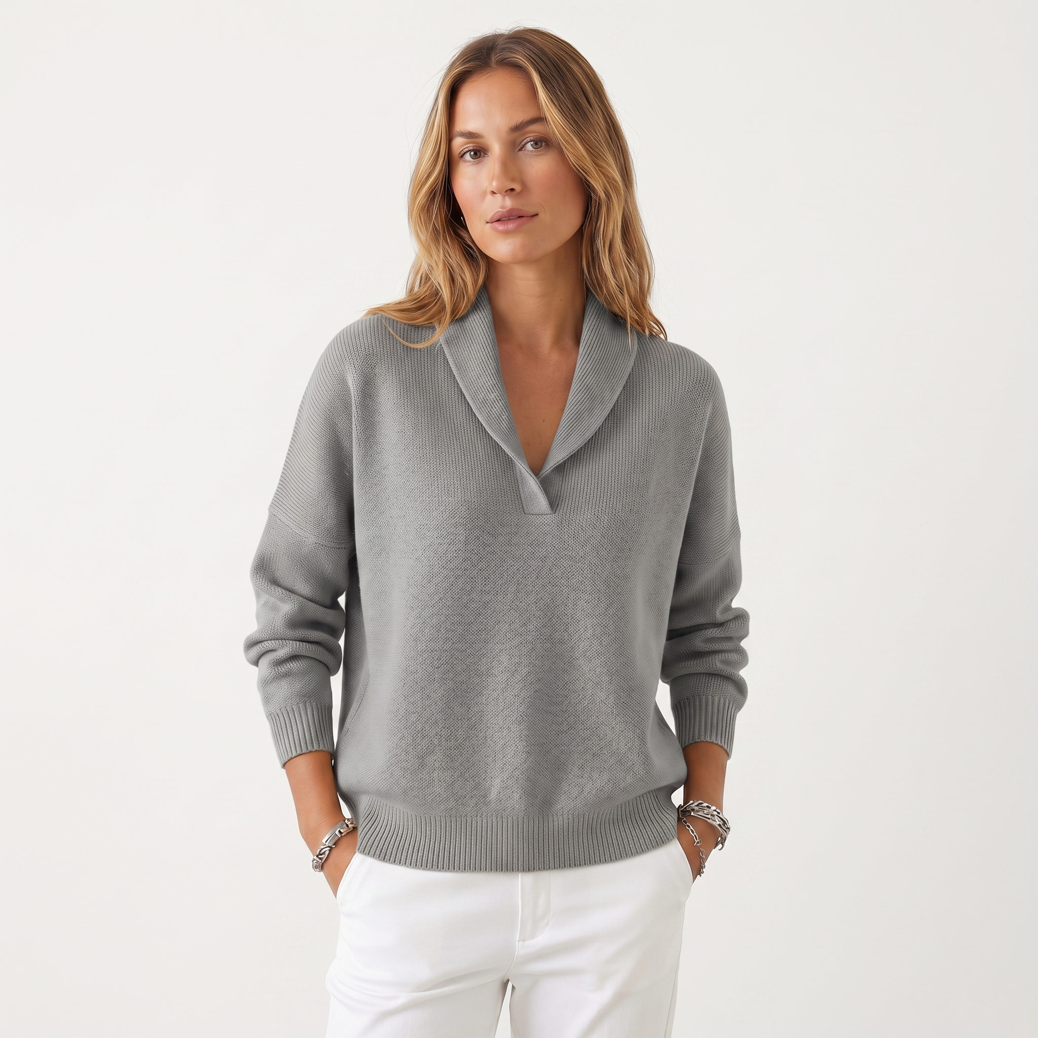 Lia | Women's V-Neck Knit Sweater – Soft Relaxed Fit Pullover Casual Knitwear