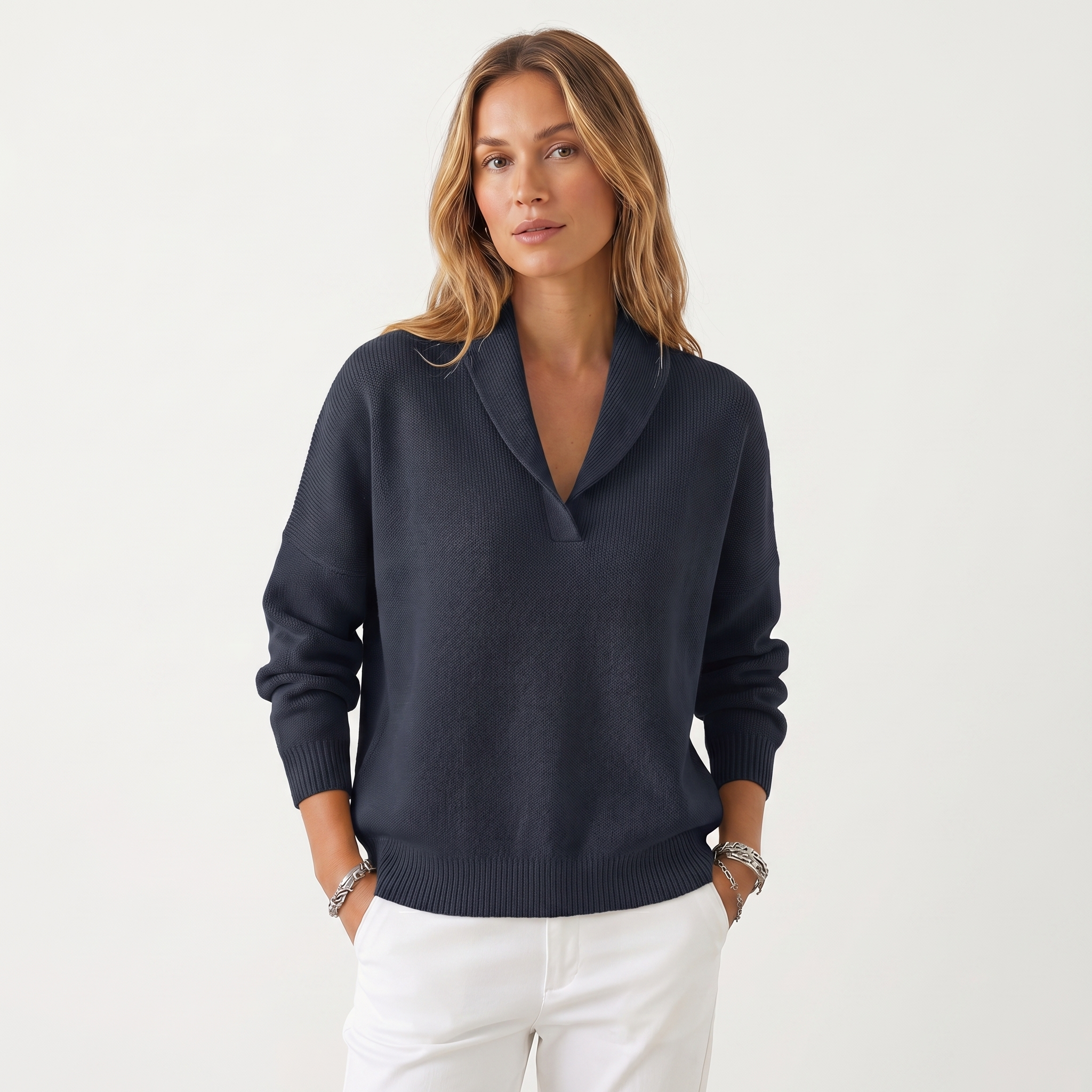 Lia | Women's V-Neck Knit Sweater – Soft Relaxed Fit Pullover Casual Knitwear