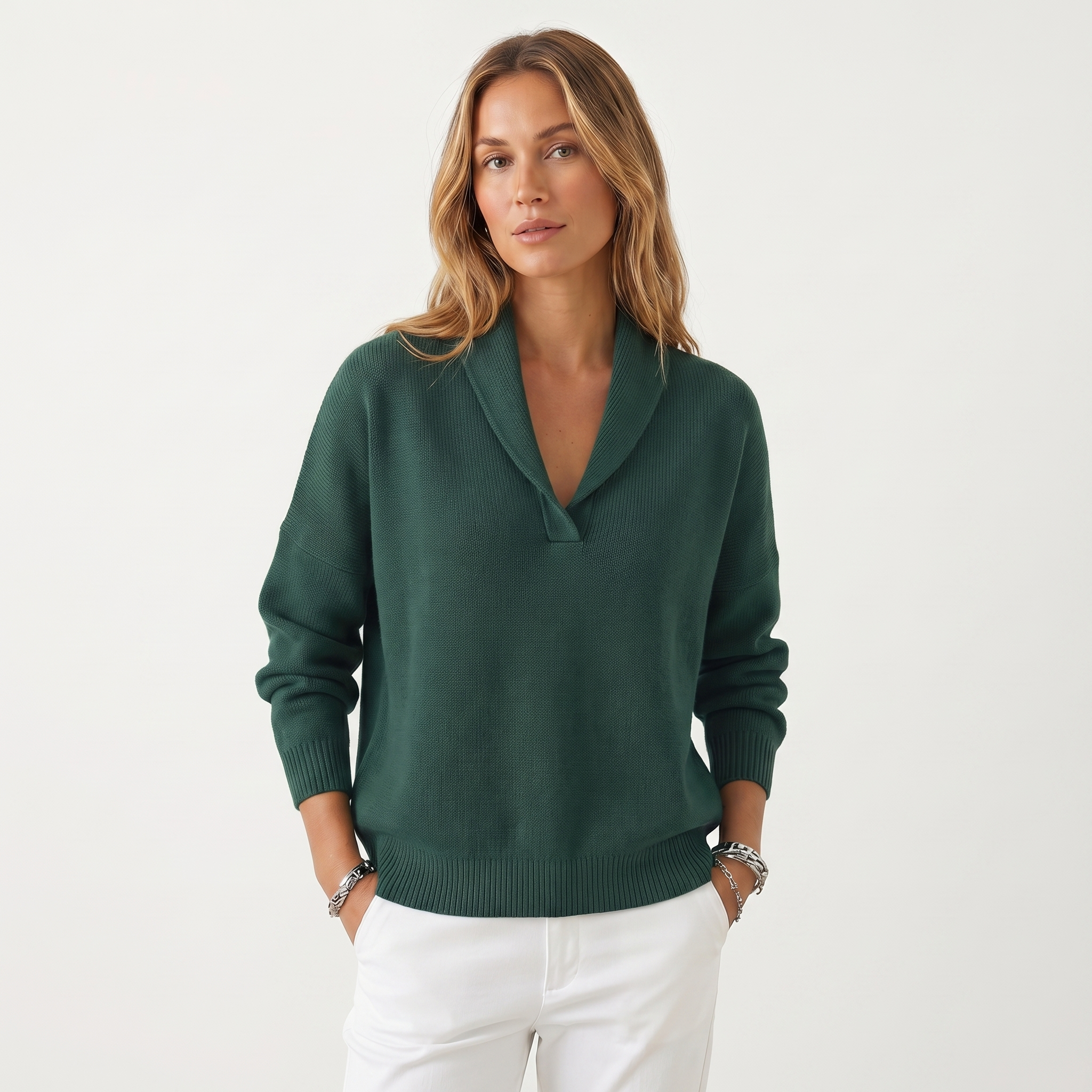 Lia | Women's V-Neck Knit Sweater – Soft Relaxed Fit Pullover Casual Knitwear