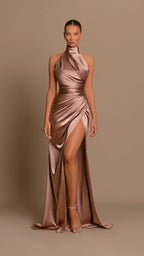 Aliya | Champagne Satin Halter Gown