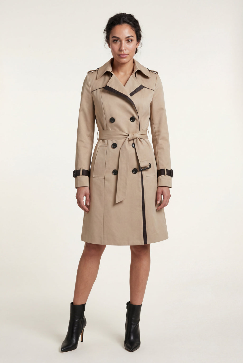 Kim | Contrast-trim Double-breasted Belted Trench Coat