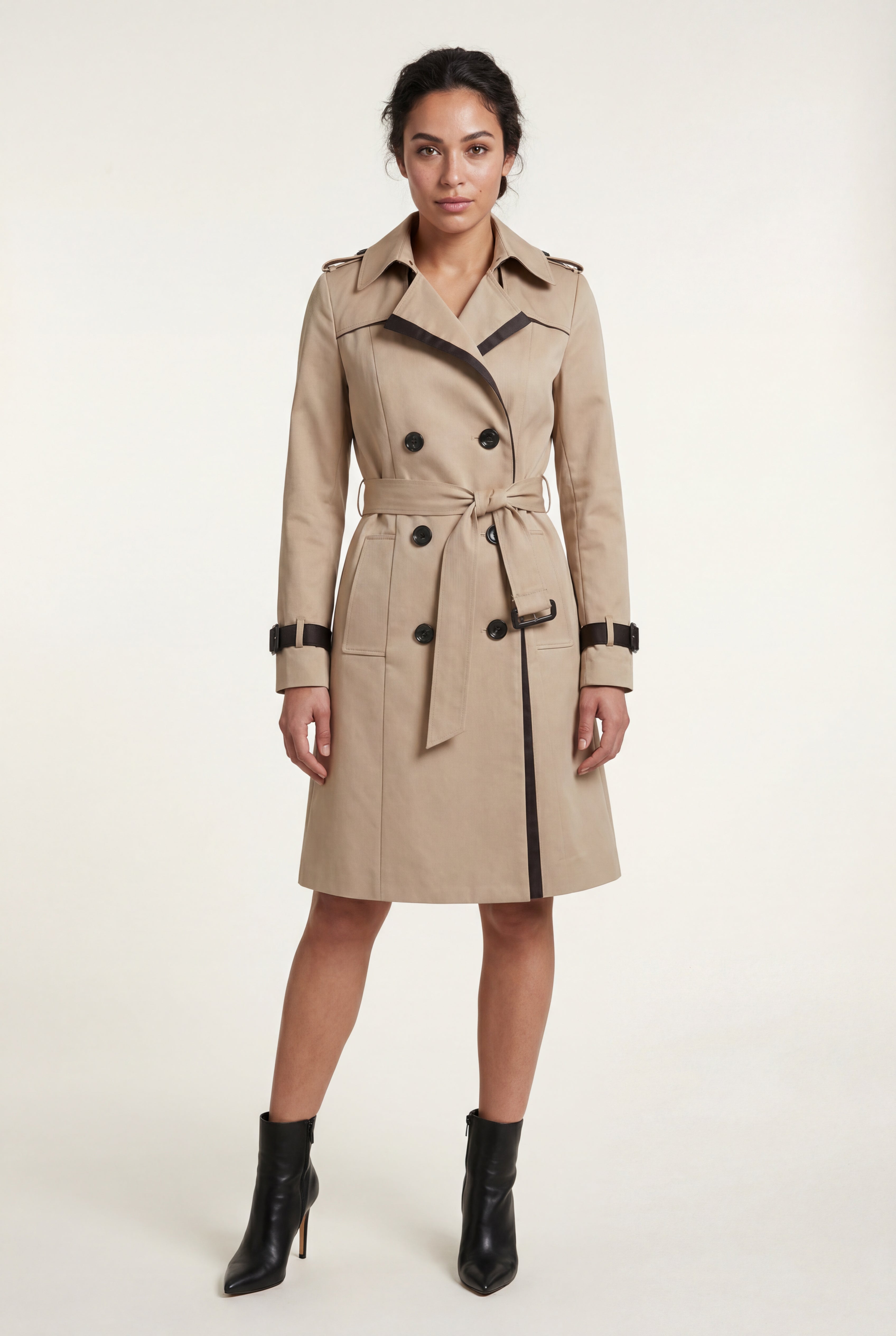 Kim | Contrast-trim Double-breasted Belted Trench Coat