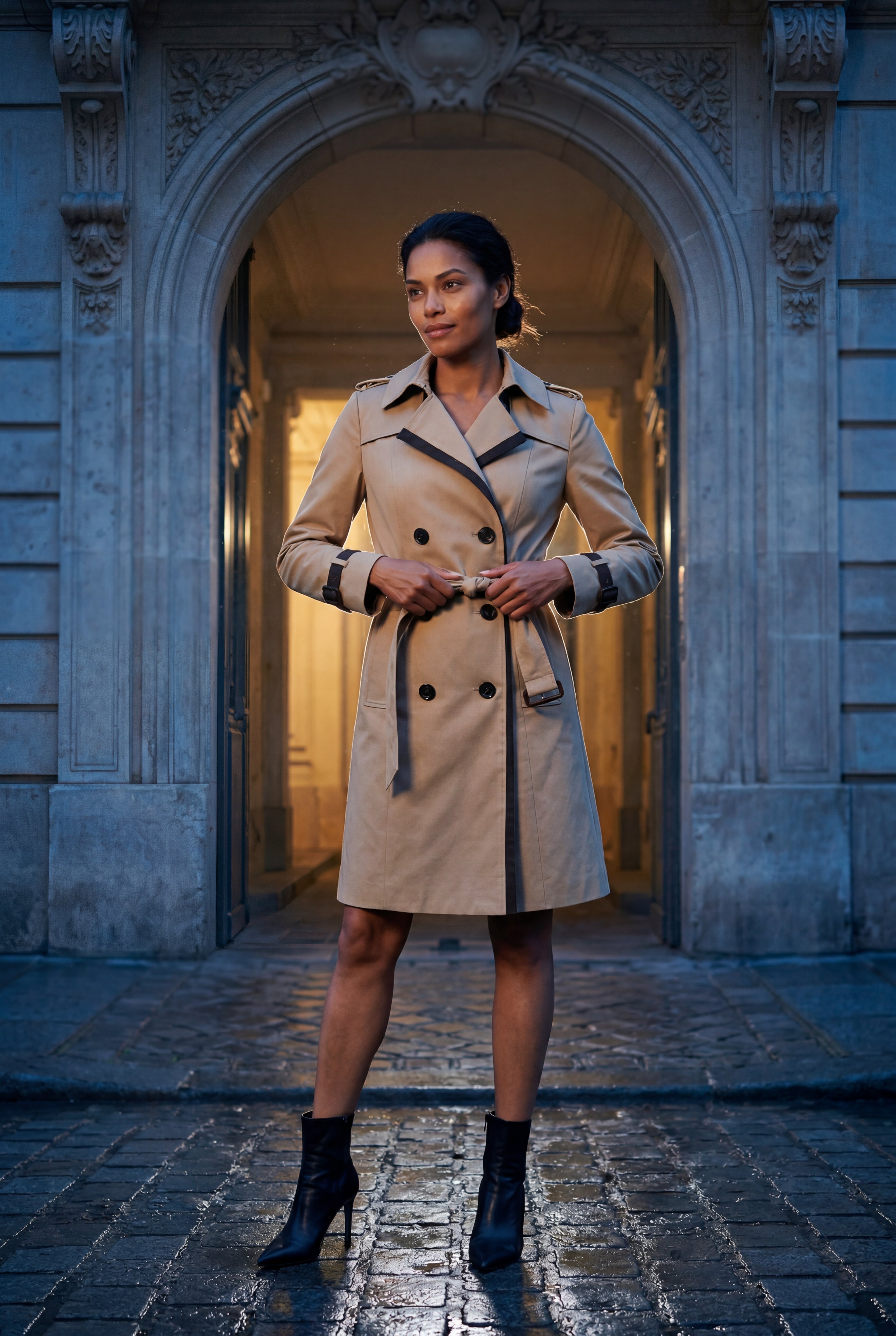 Kim | Contrast-trim Double-breasted Belted Trench Coat