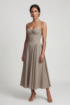 Elcevi | Floral Corset Bodice Midi Dress with Spaghetti Straps For Women
