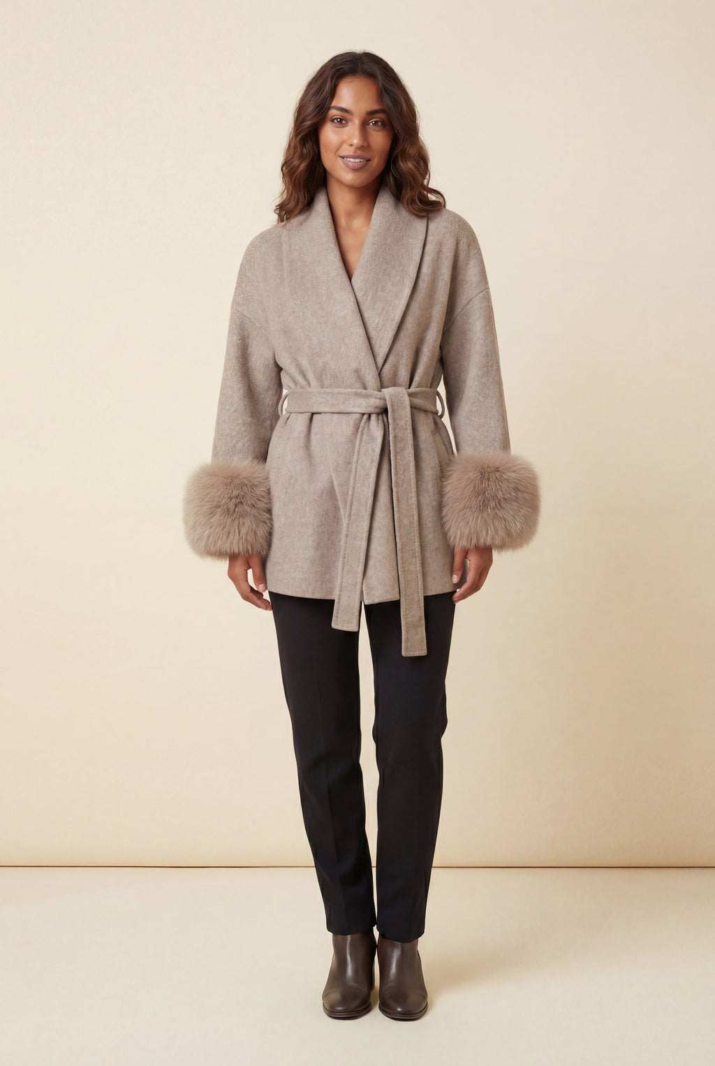 Shawl Collar Belted Faux Fur Cuff Wrap Coat | Senna