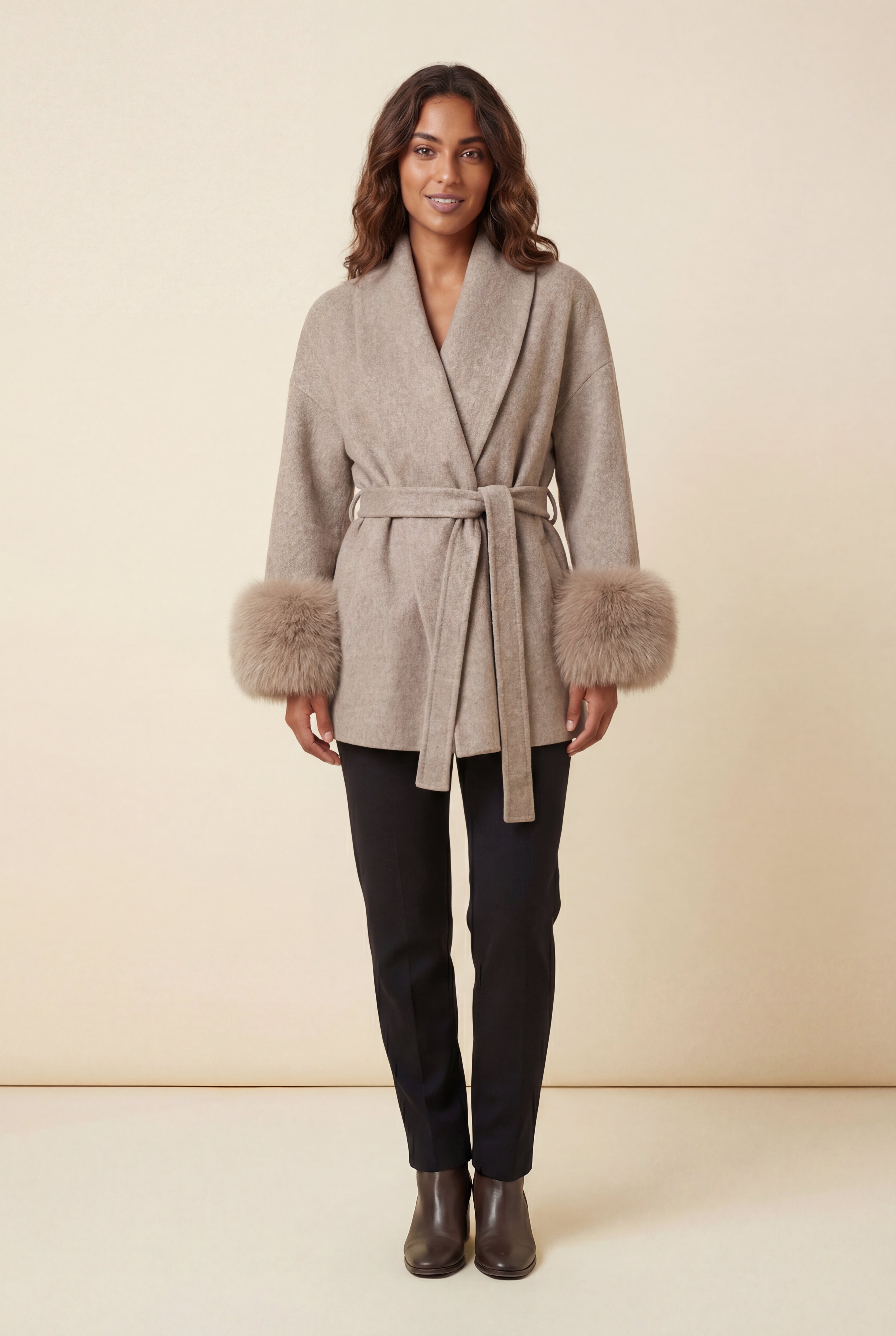 Shawl Collar Belted Faux Fur Cuff Wrap Coat | Senna