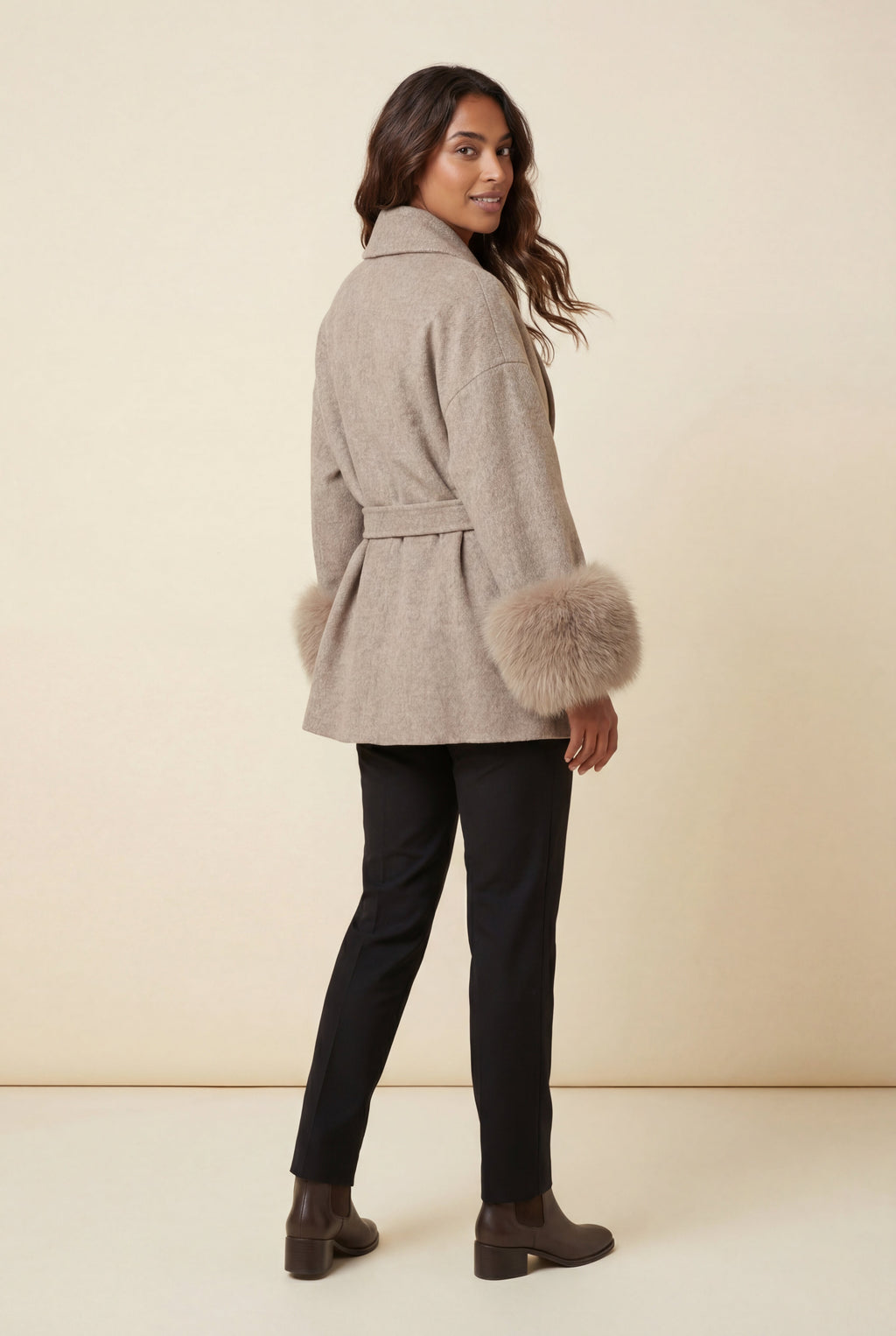 Shawl Collar Belted Faux Fur Cuff Wrap Coat | Senna