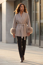 Shawl Collar Belted Faux Fur Cuff Wrap Coat | Senna