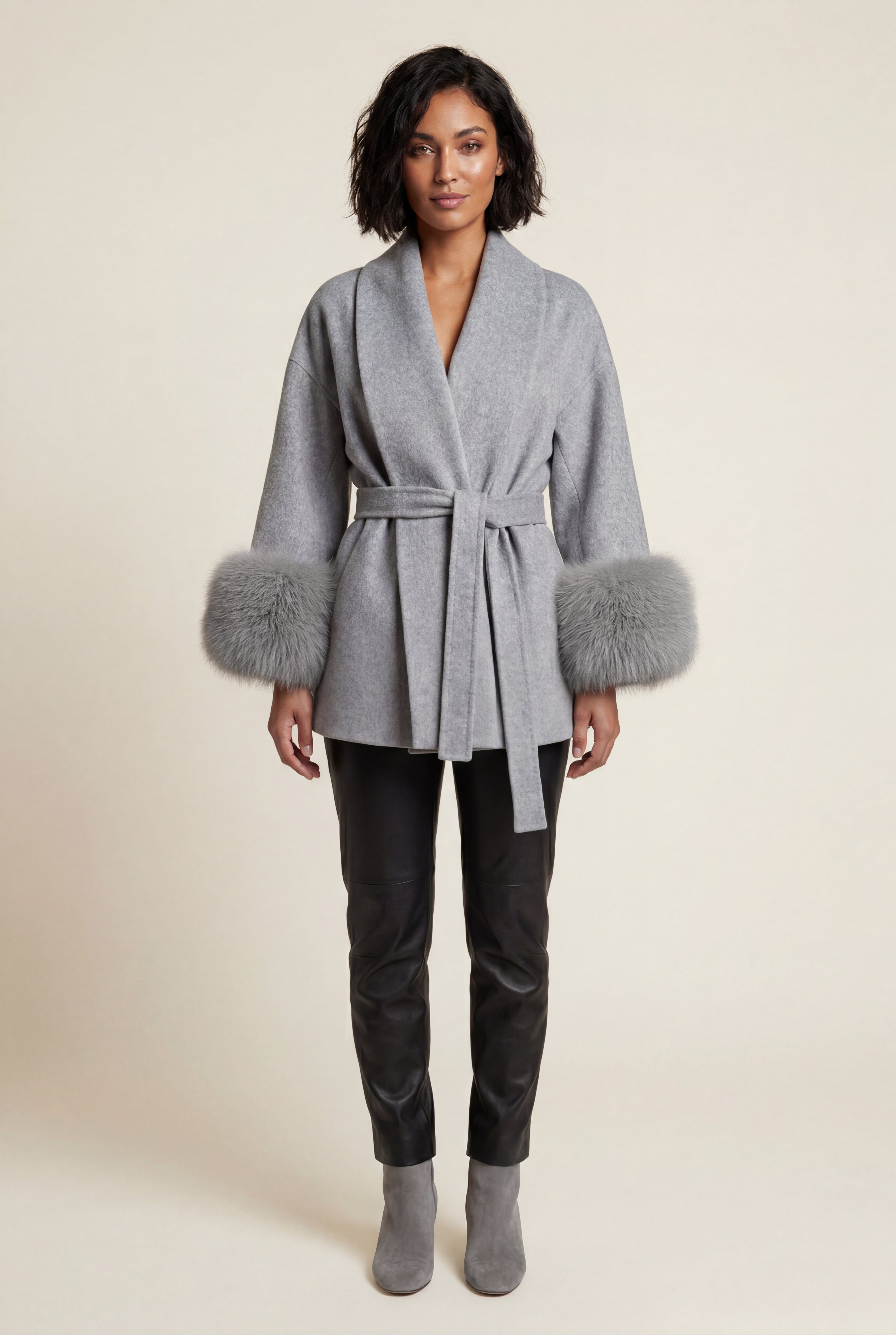 Shawl Collar Belted Faux Fur Cuff Wrap Coat | Senna