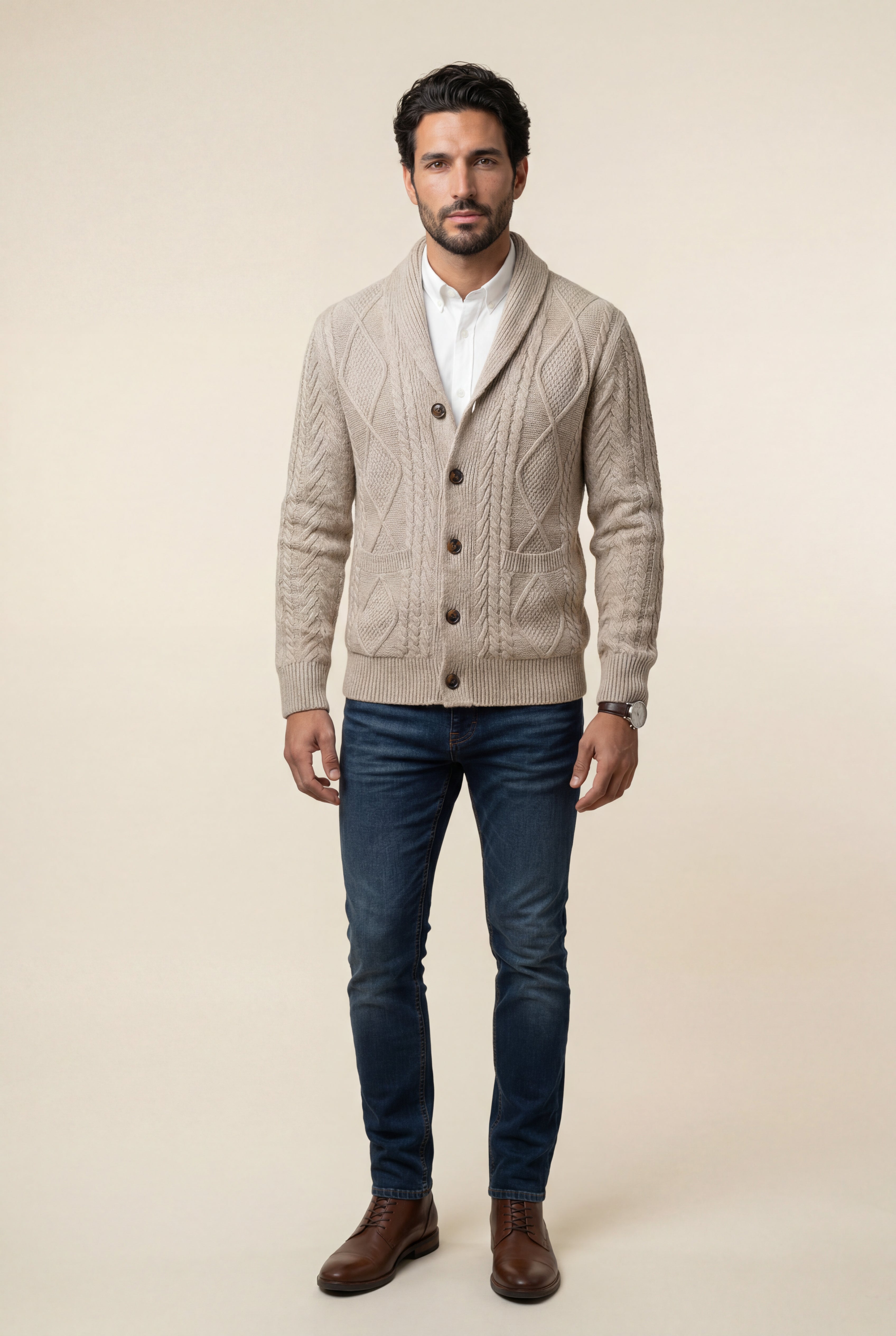 Liam | Shawl Collar Cable Button Cardigan