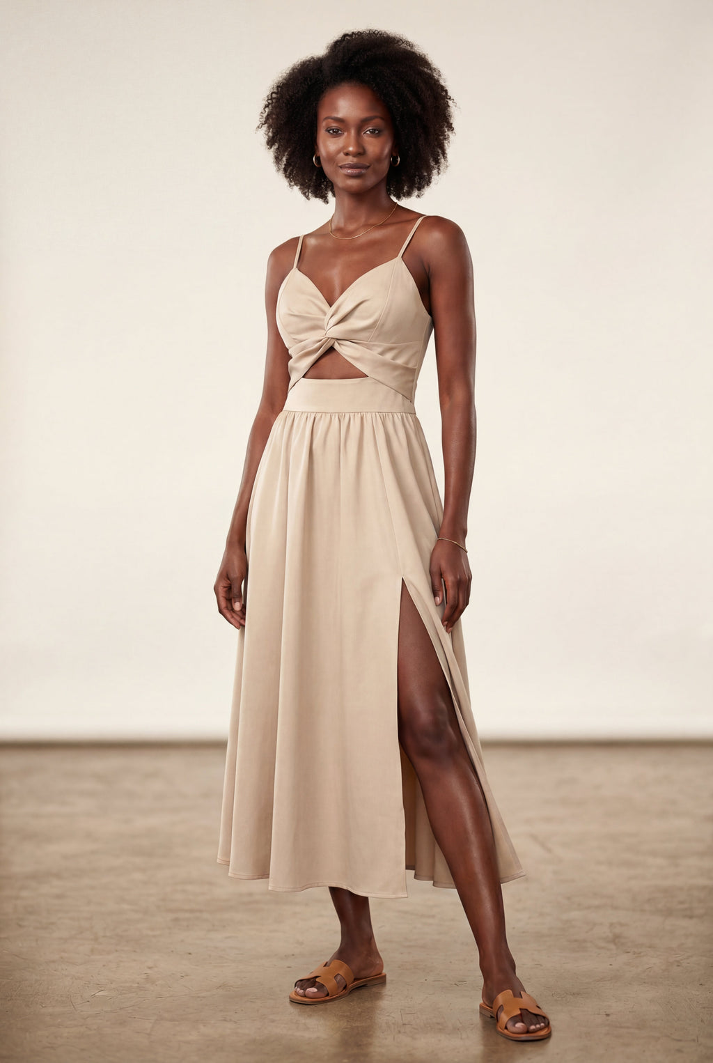 Elcevi | Twist-front Cutout Midi Dress with Side Slit For Women
