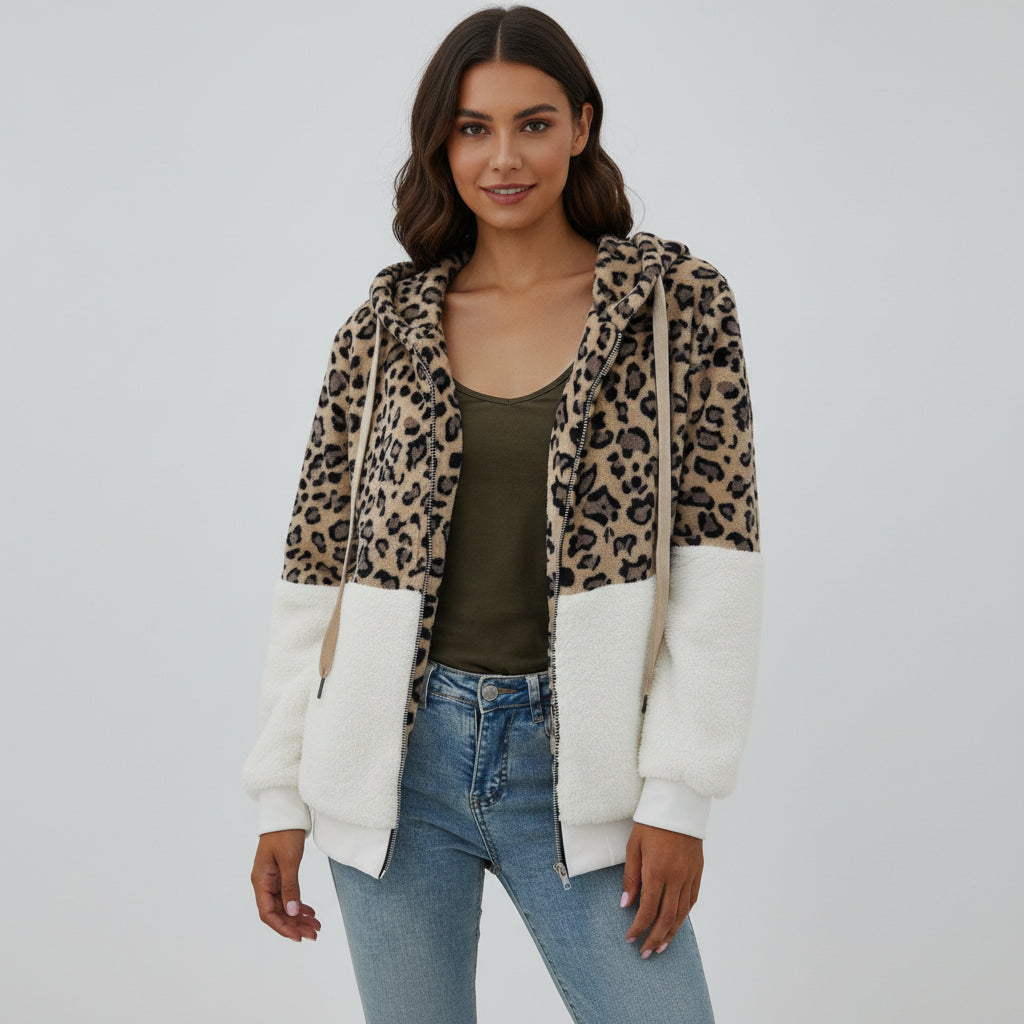 Leana Maria - Hooded Fleece Sweatshirt with Leopard Design