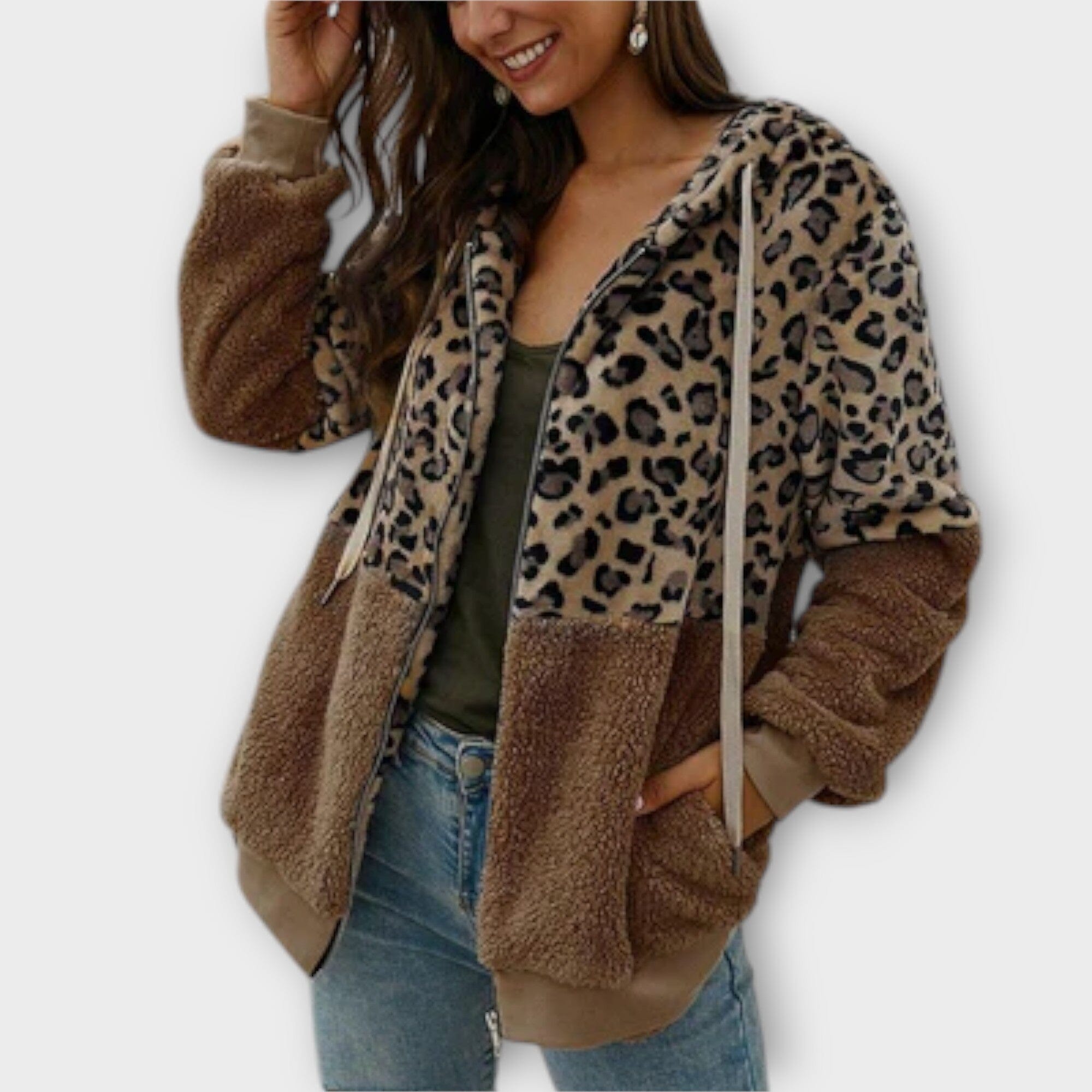 Leana Maria - Hooded Fleece Sweatshirt with Leopard Design