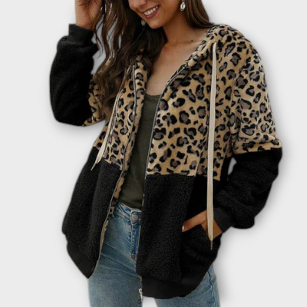 Leana Maria - Hooded Fleece Sweatshirt with Leopard Design