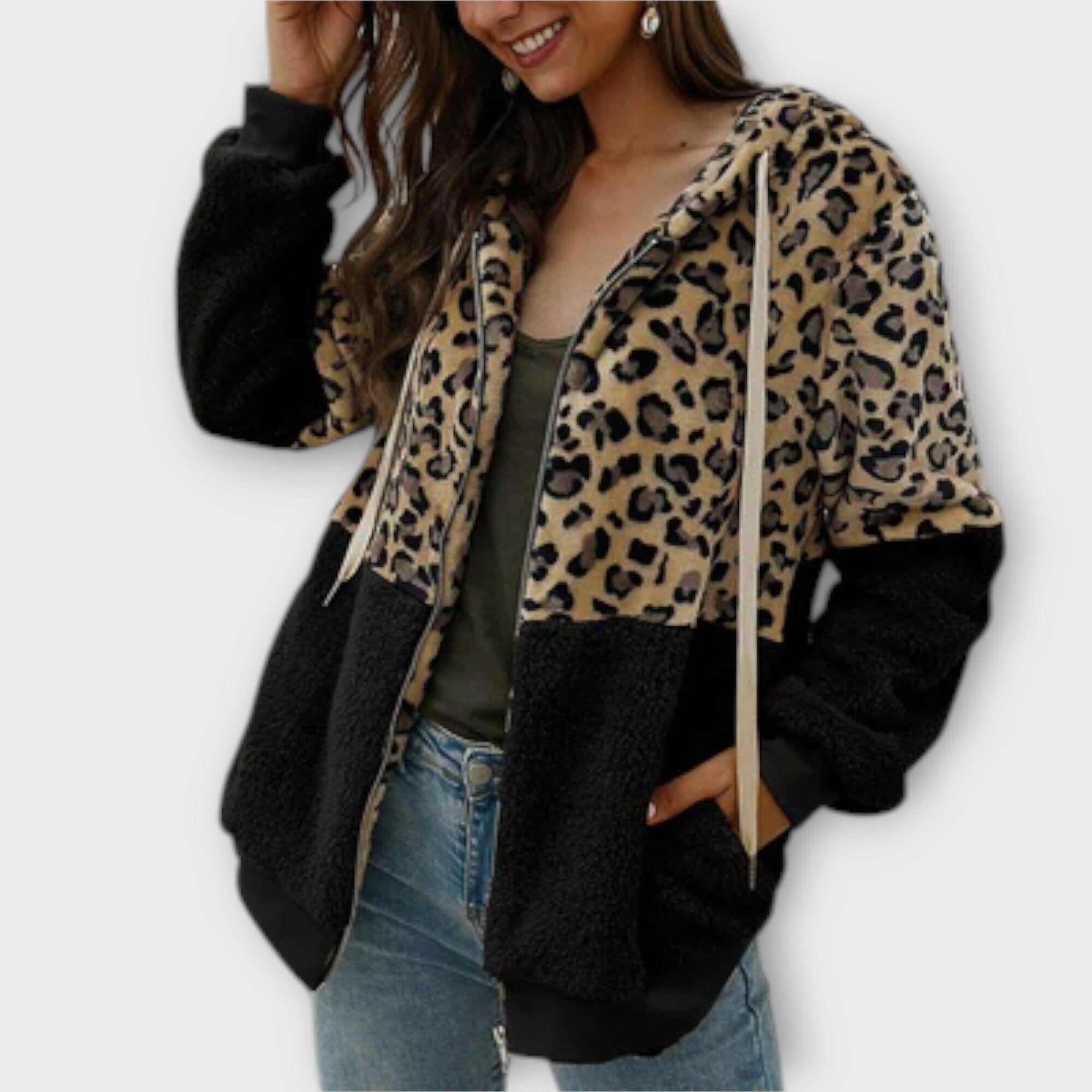 Leana Maria - Hooded Fleece Sweatshirt with Leopard Design