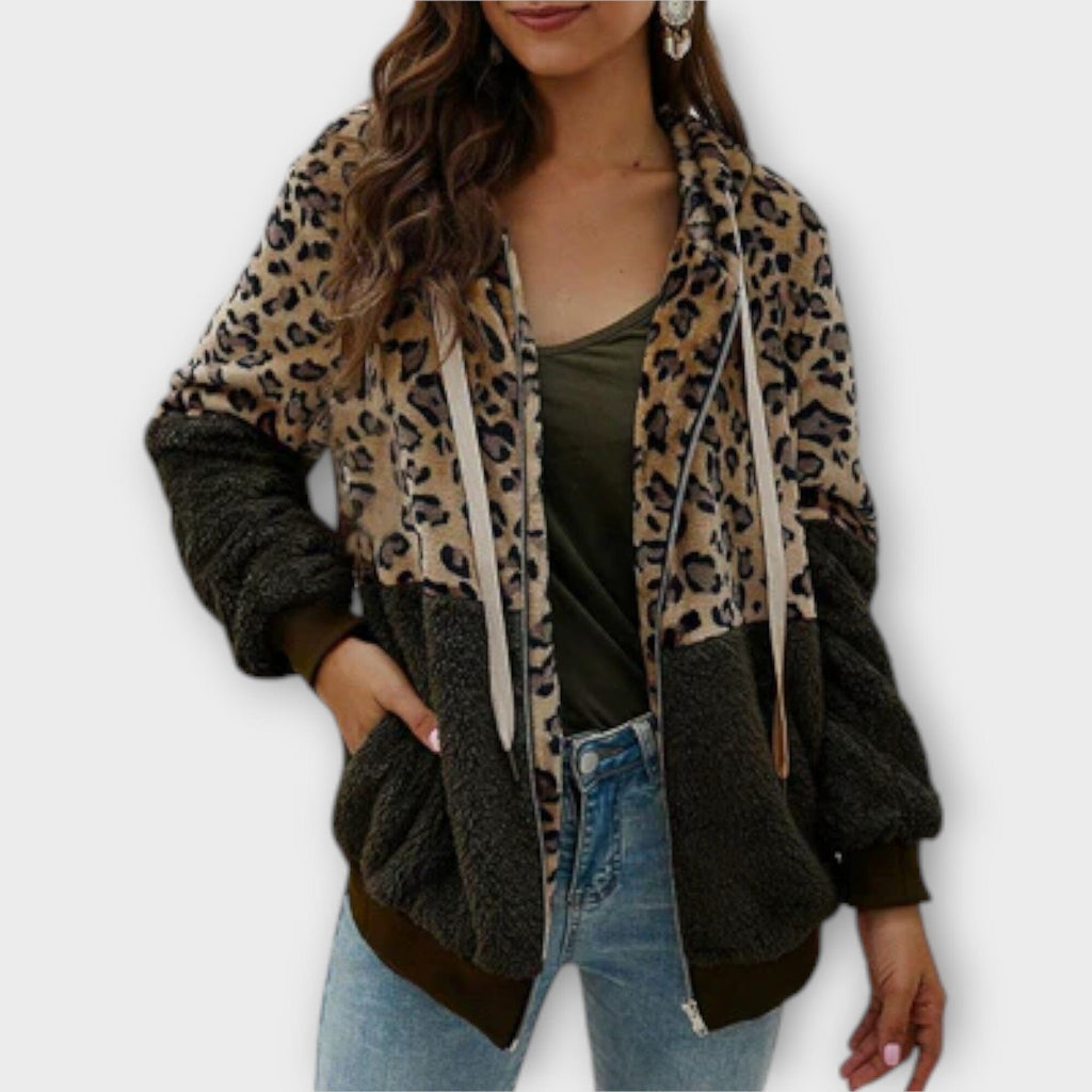 Leana Maria - Hooded Fleece Sweatshirt with Leopard Design