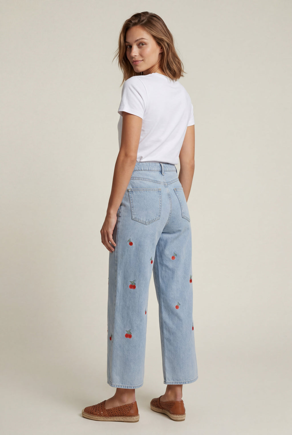 Lia | Cherry Embroidered Light Blue Wide-leg High-waisted Jeans