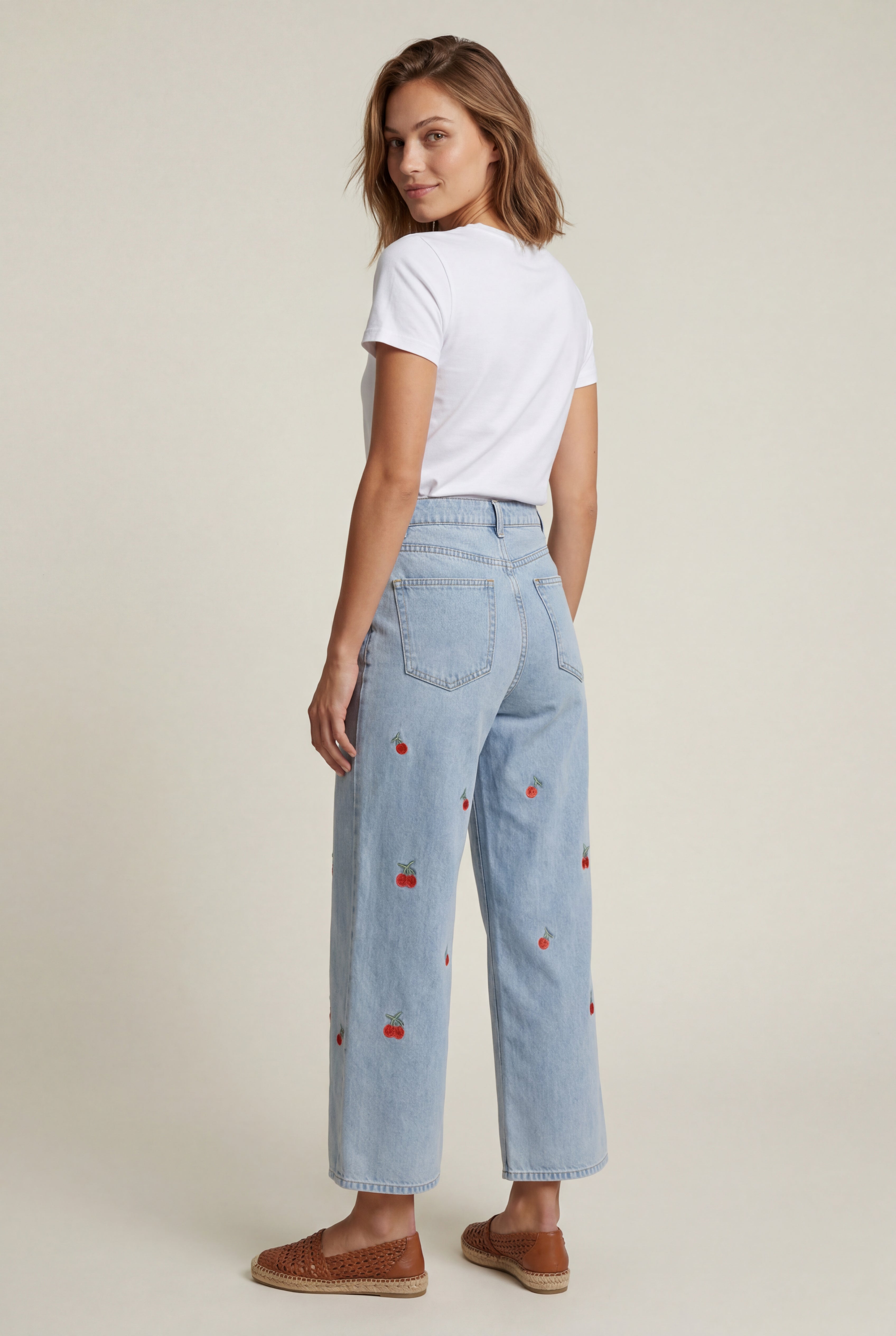 Lia | Cherry Embroidered Light Blue Wide-leg High-waisted Jeans